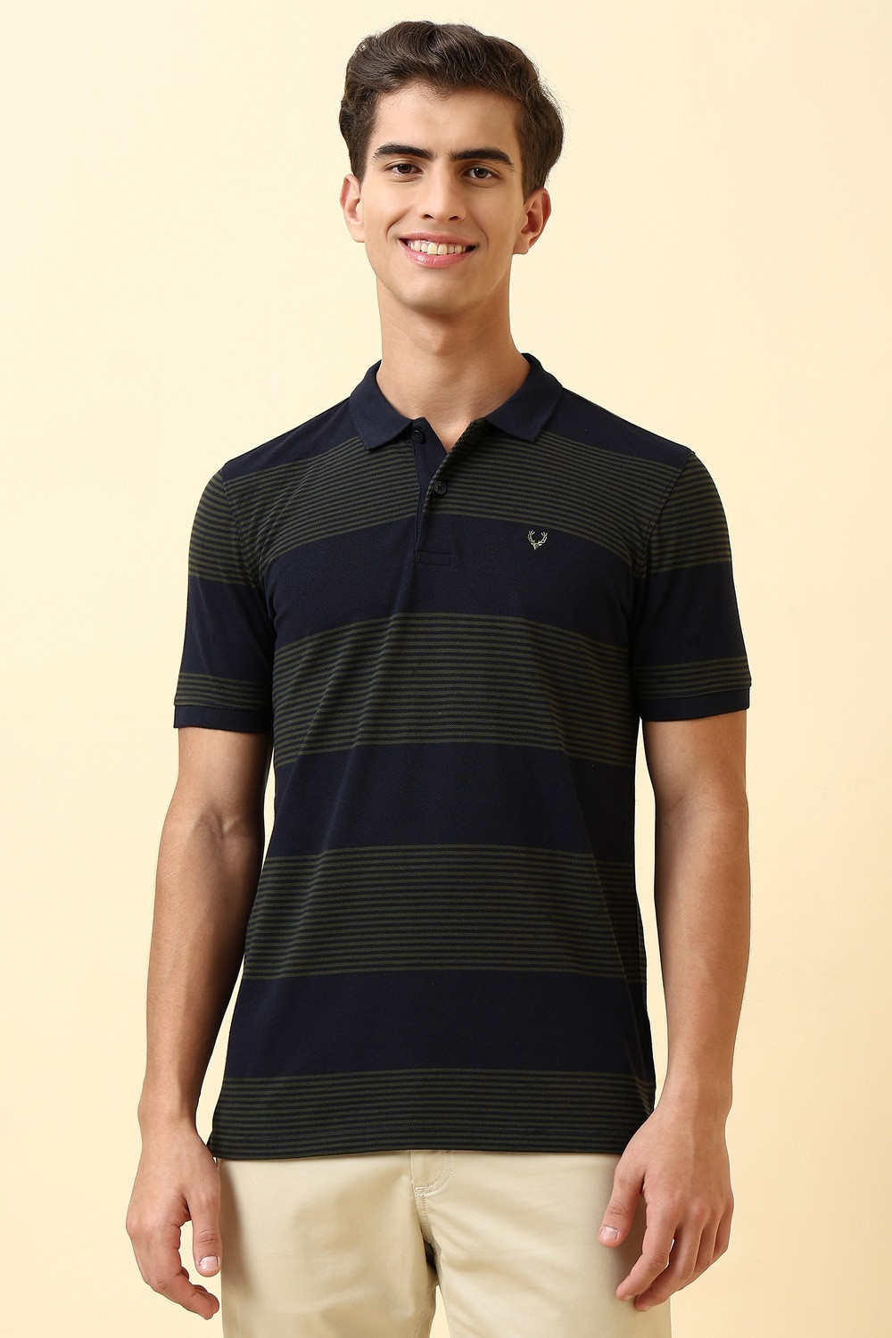 Image of Allen Solly Striped Men Polo Neck Dark Blue T-Shirt