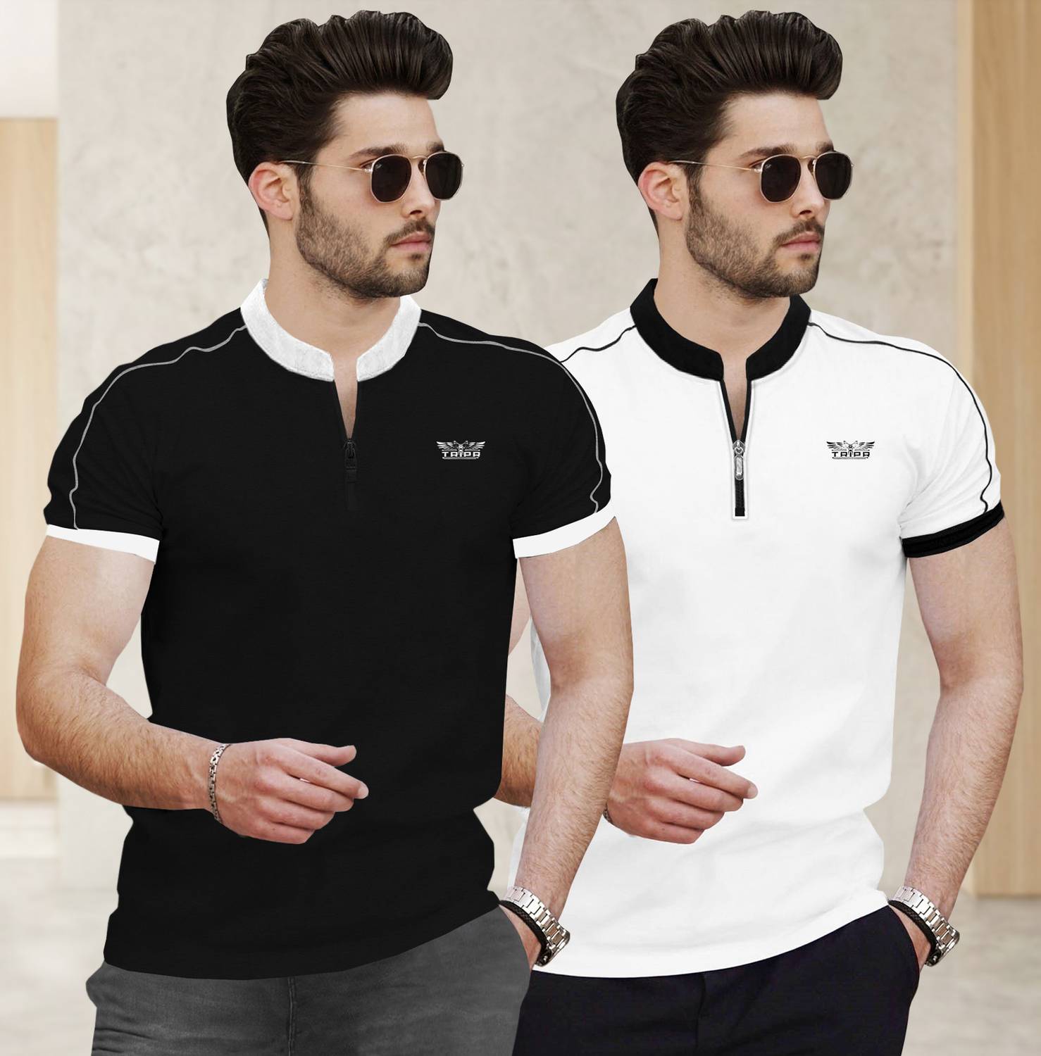 TRIPR Pack of 2 Men Typography Mandarin Collar Cotton Blend Multi