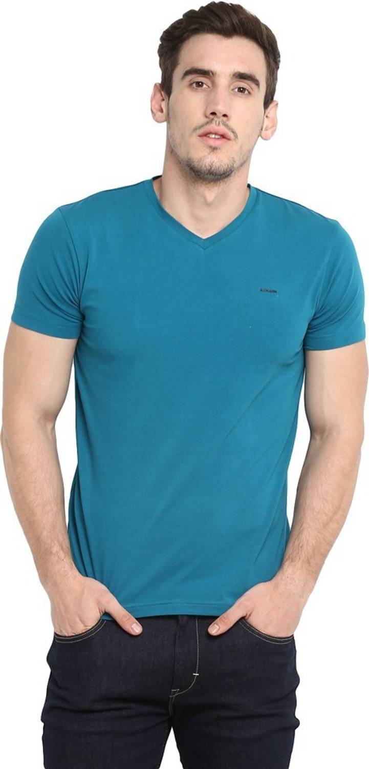 AXMANN Solid Men V Neck Blue T-Shirt
