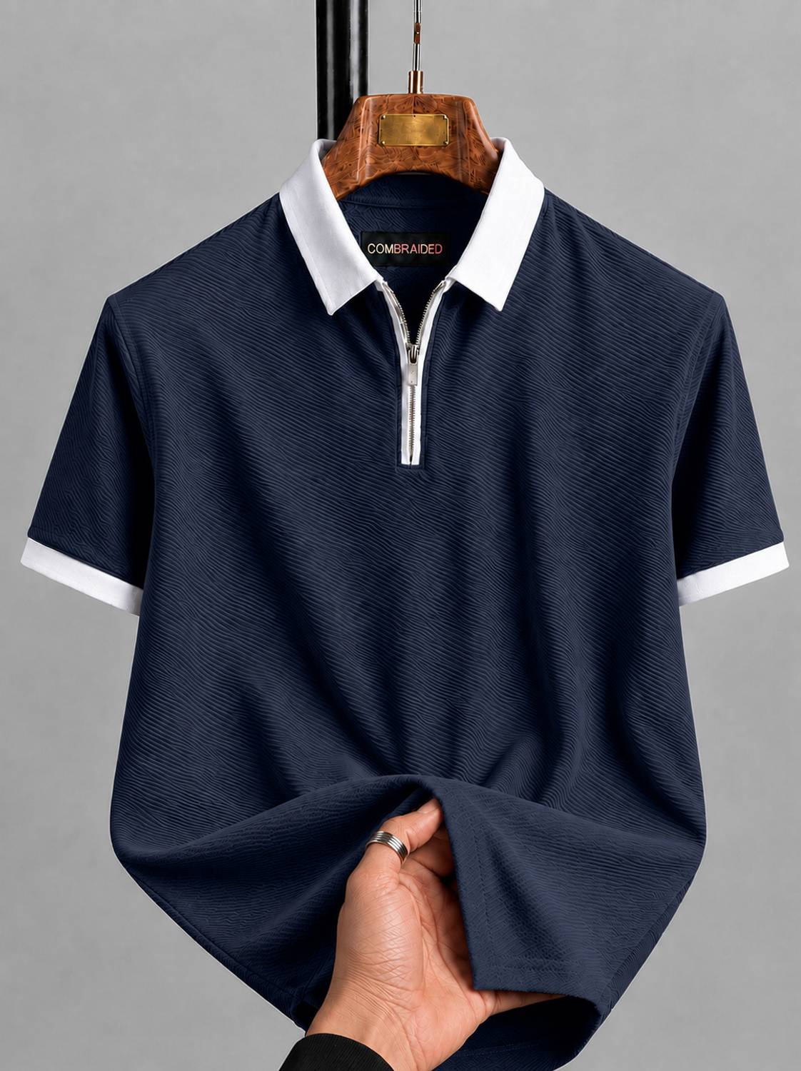 COMBRAIDED Self Design Men Polo Neck Black T-Shirt
