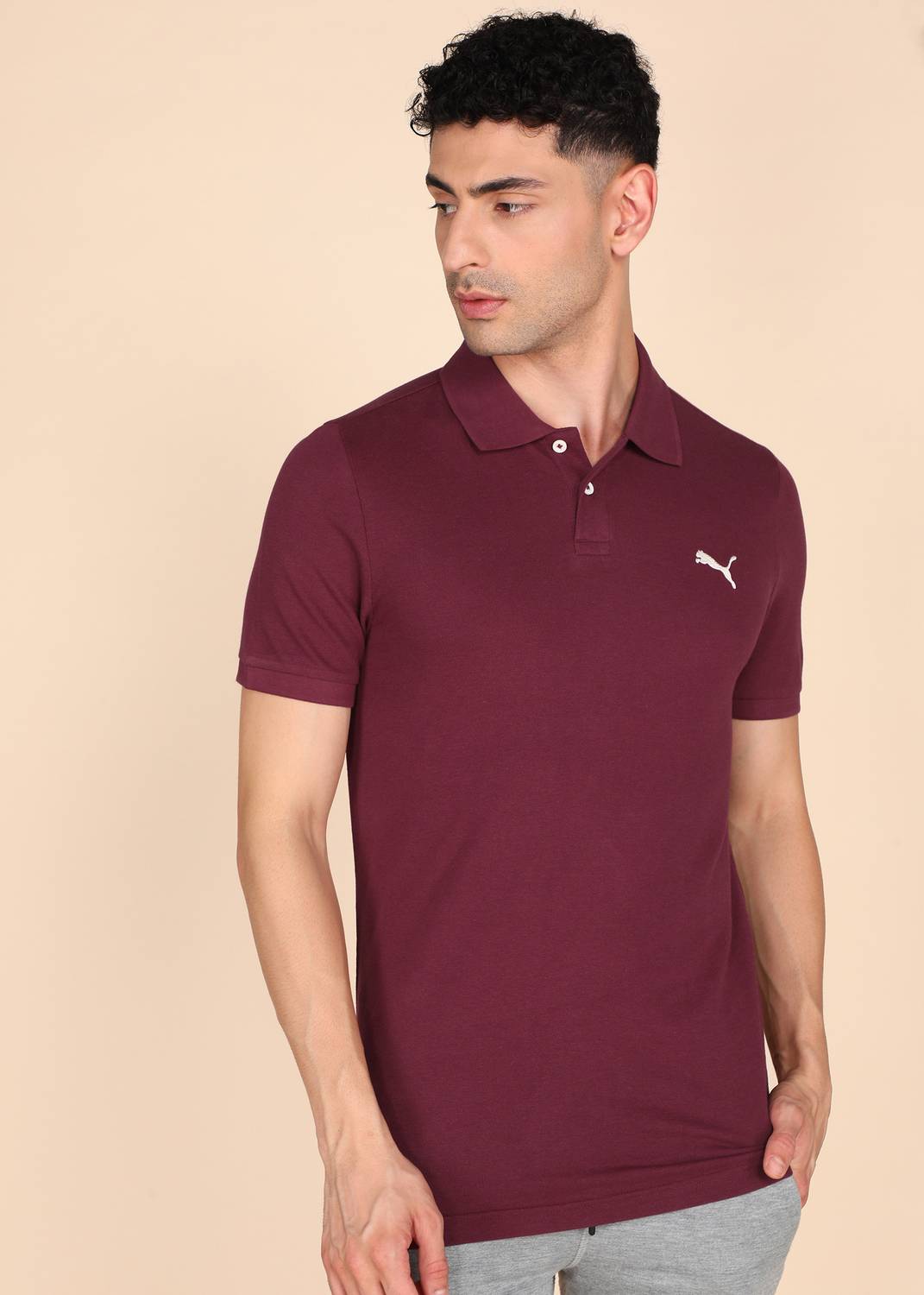 PUMA Men Solid Polo Neck Pure Cotton Red T-Shirt