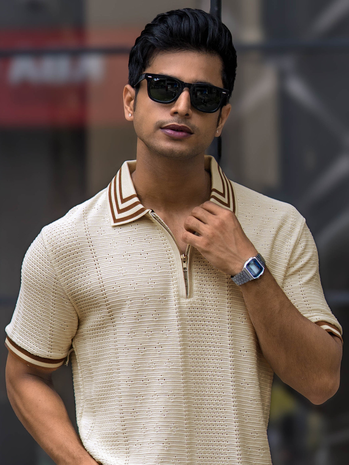 Image of MANIAC Self Design Men Polo Neck White T-Shirt