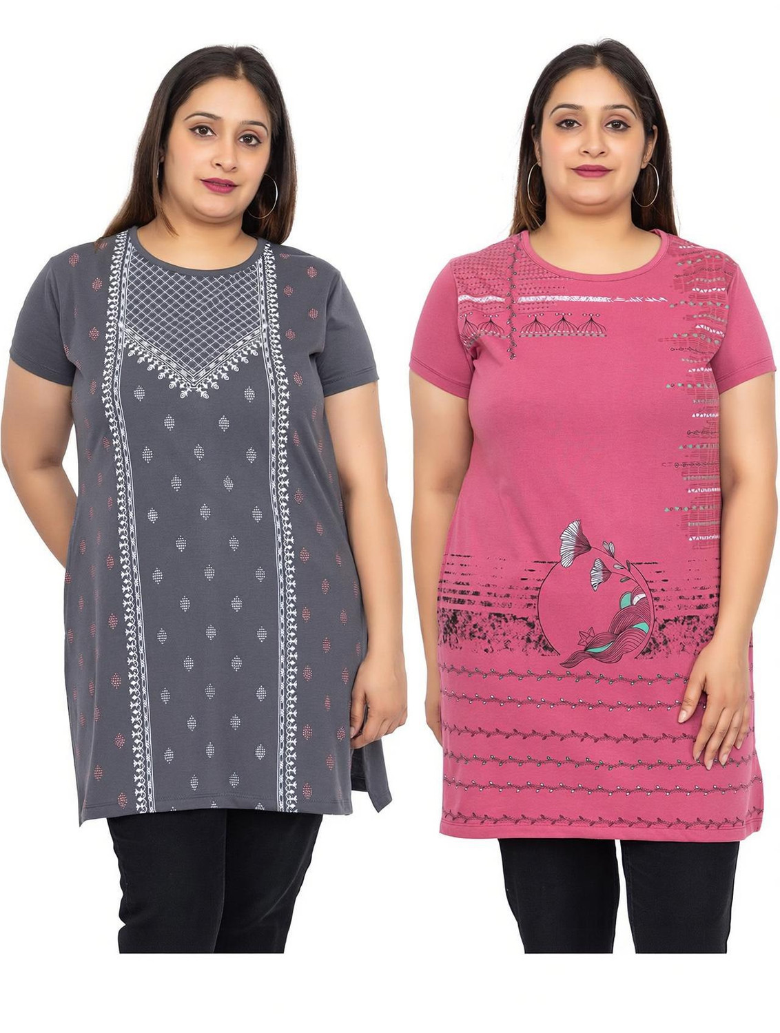 Image of Star Touch Floral Print Women Round Neck Red, Grey T-Shirt