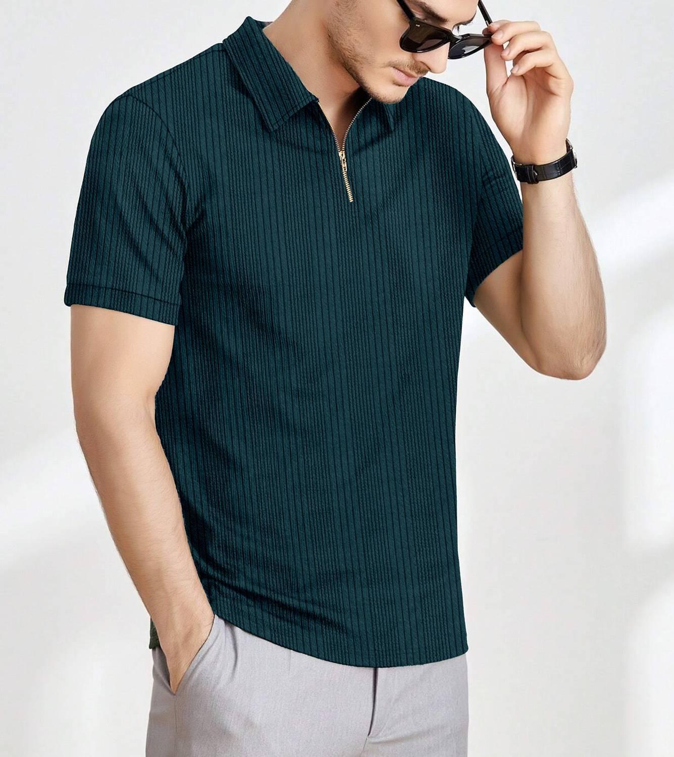 KAJARU Men Zip Neck Dark Green T-Shirt - Image 4