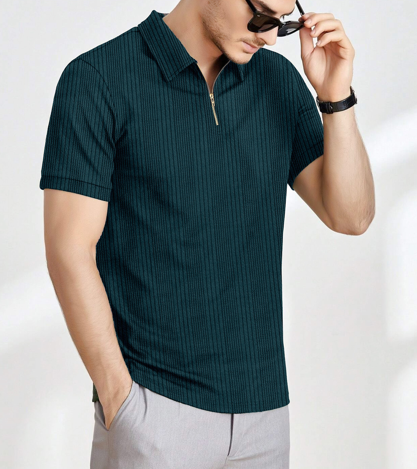 Image of KAJARU Self Design Men Zip Neck Dark Green T-Shirt