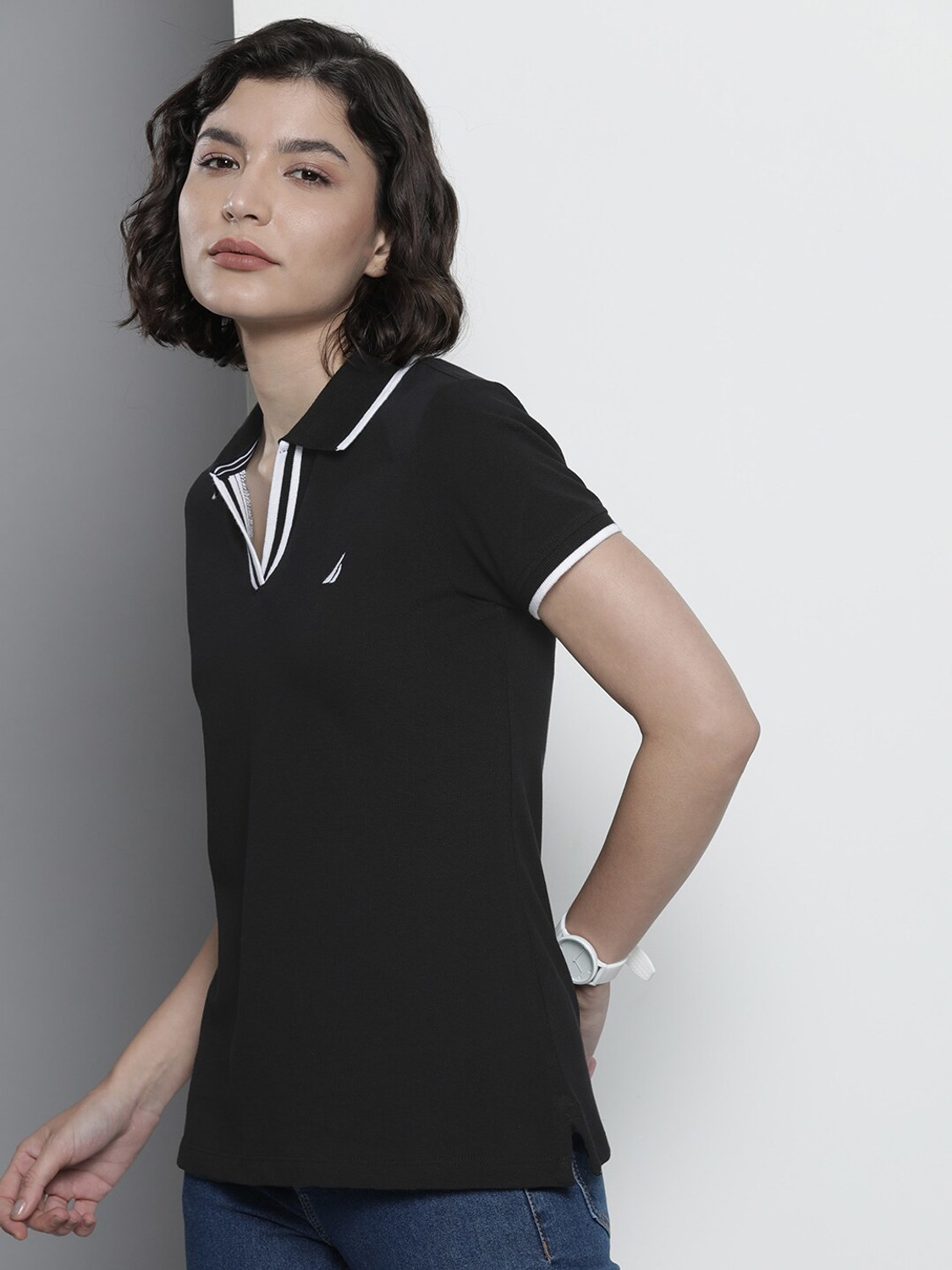 Image of NAUTICA Conversational Women Polo Neck Black T-Shirt