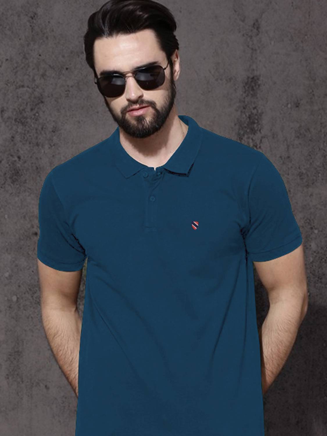 AIN6 Solid Men Polo Neck Navy Blue T-Shirt