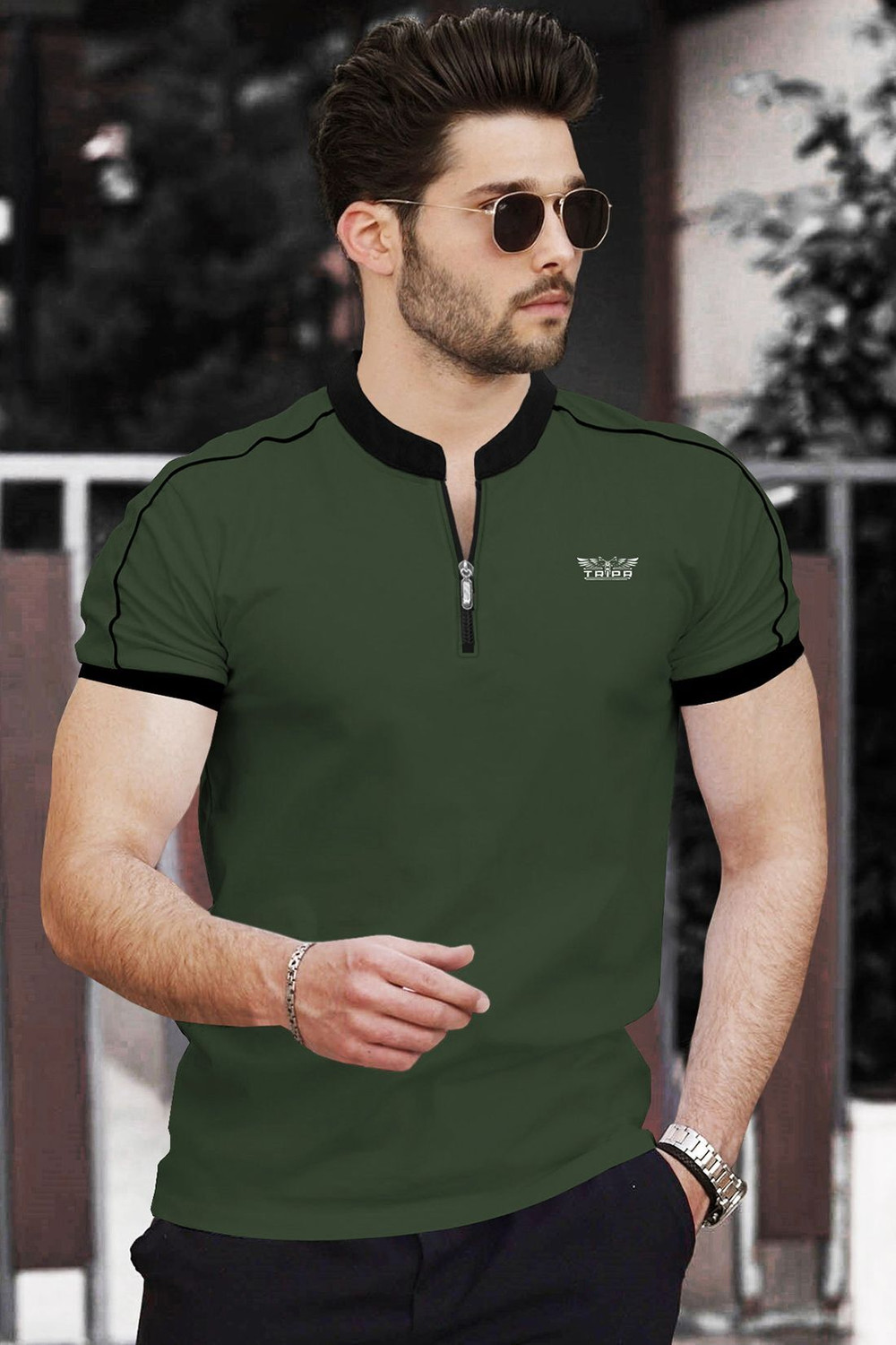 Image of TRIPR Solid Men Henley Neck Dark Green, Black T-Shirt
