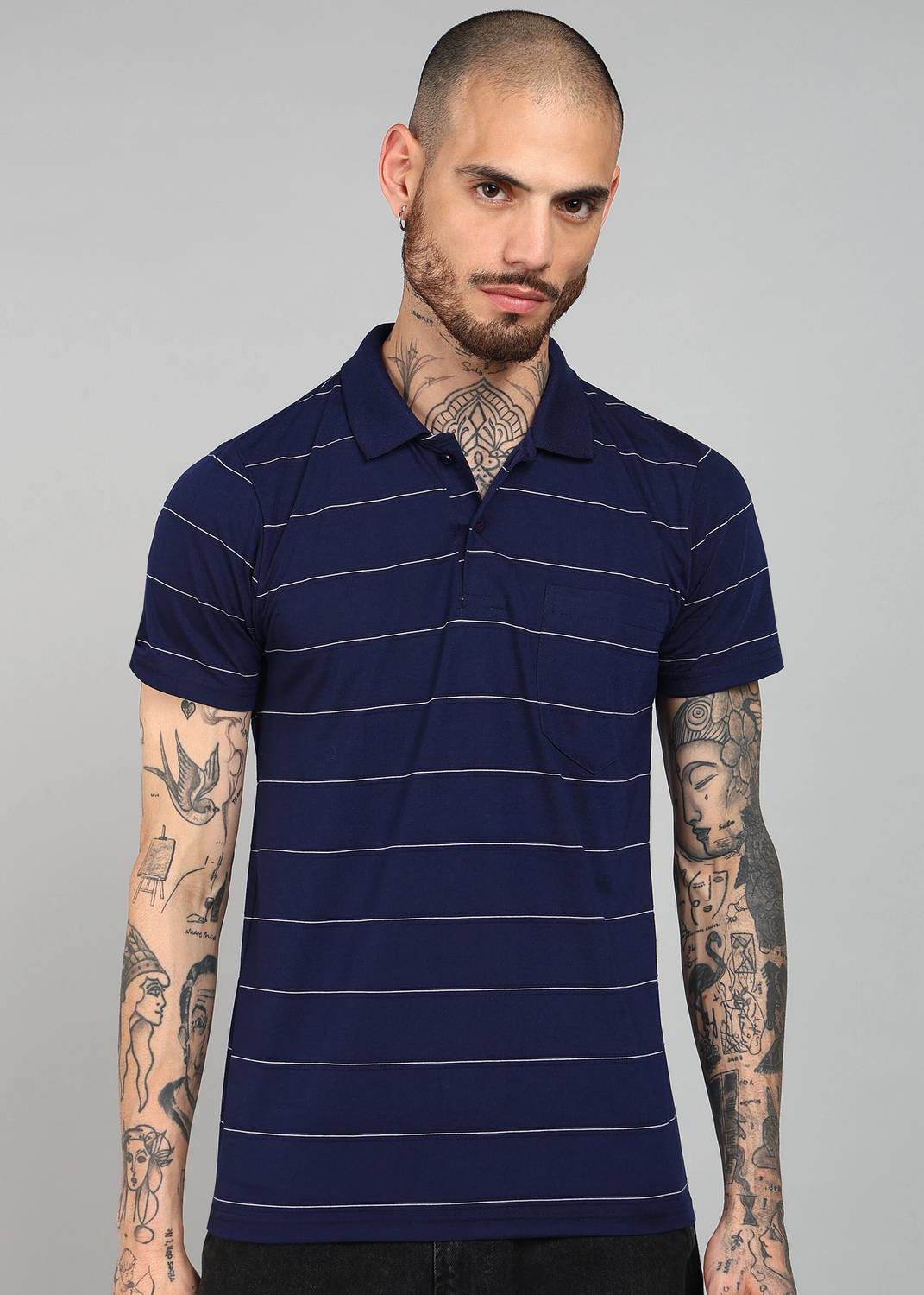 INKKR Men Striped Polo Neck Cotton Blend Multicolor T-Shirt