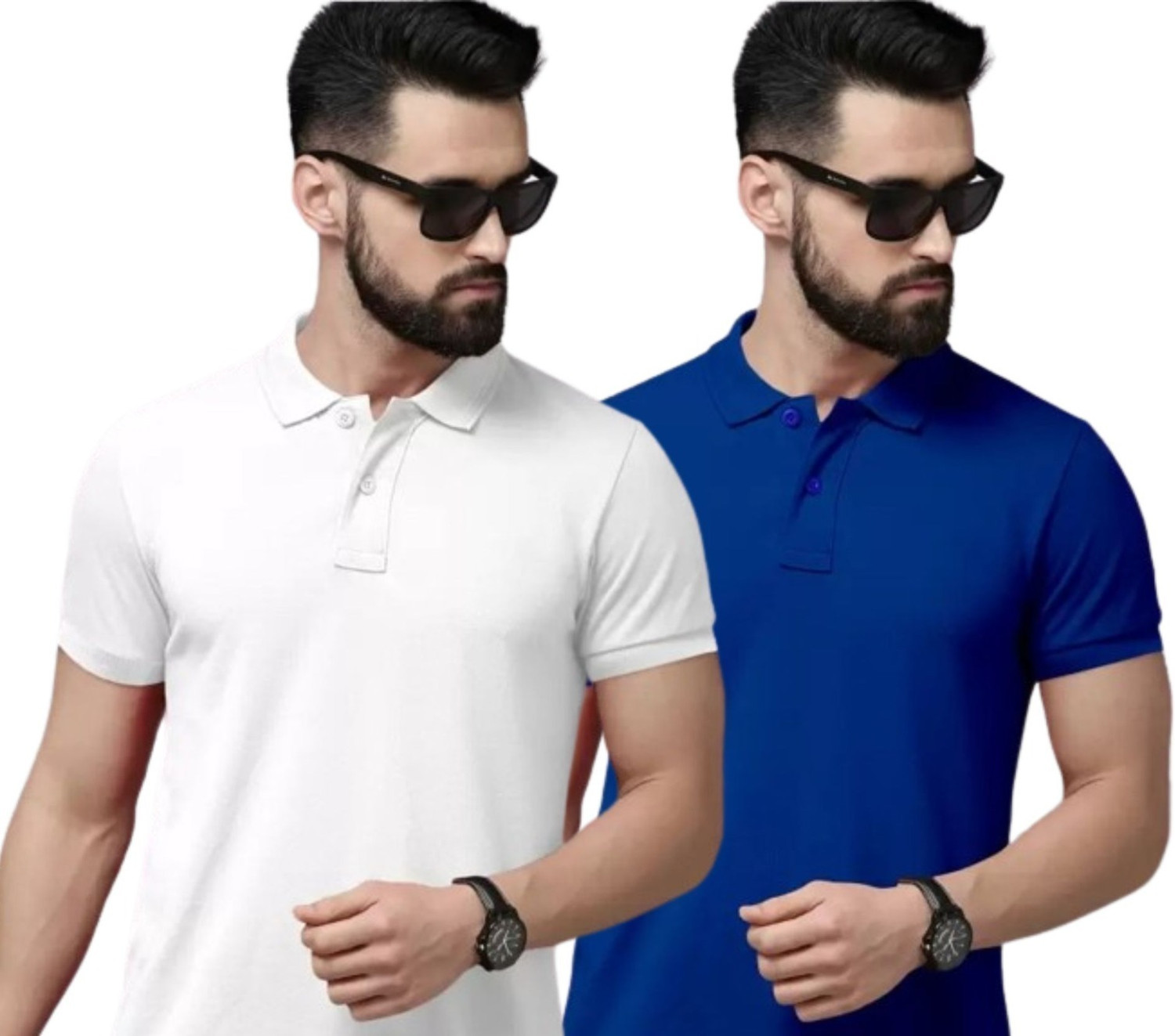 Image of balker merka Solid Men Polo Neck Dark Blue, White T-Shirt
