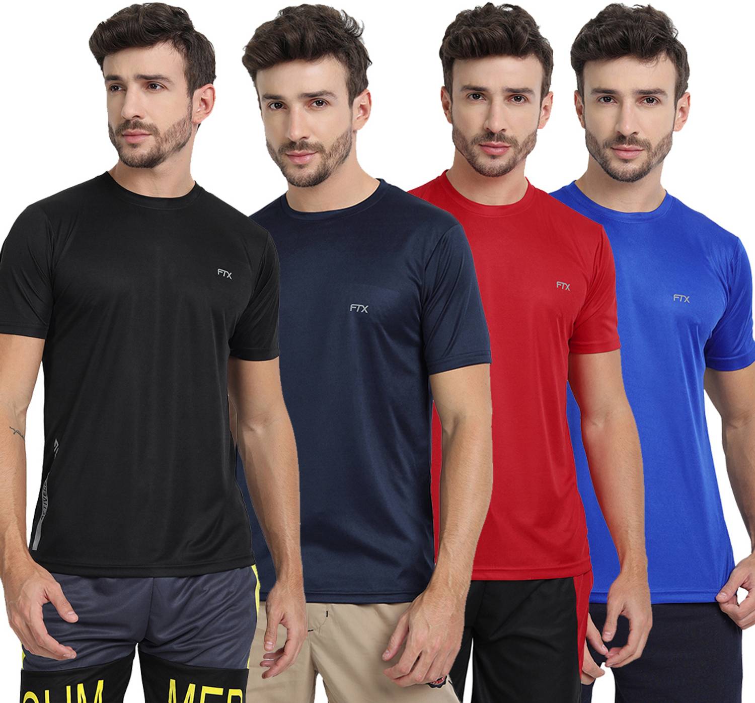 FTX Pack of 4 Men Solid Round Neck Polyester Multicolor T-Shirt