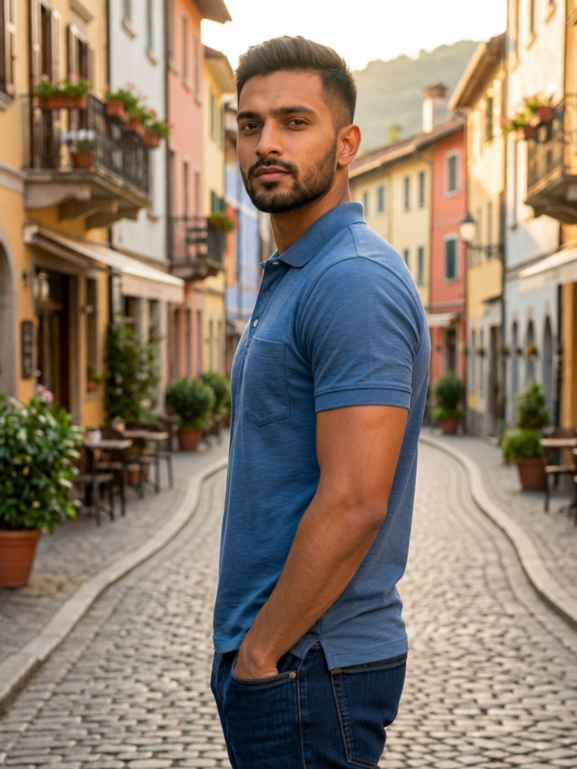 Image of mount fuzi Men Solid Polo Neck Polycotton Blue T-Shirt