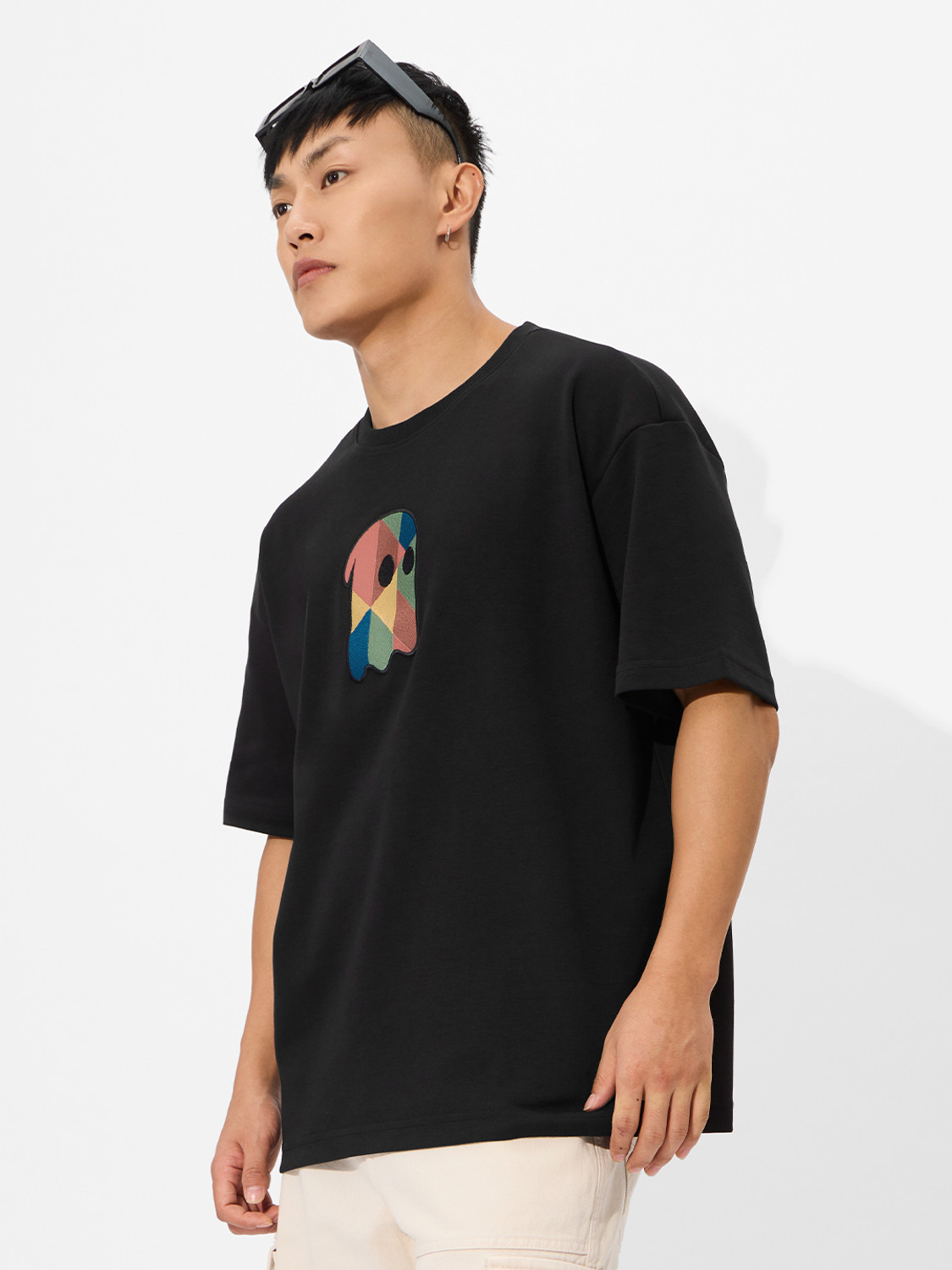 Image of The Souled Store Embroidered Men Round Neck Black T-Shirt