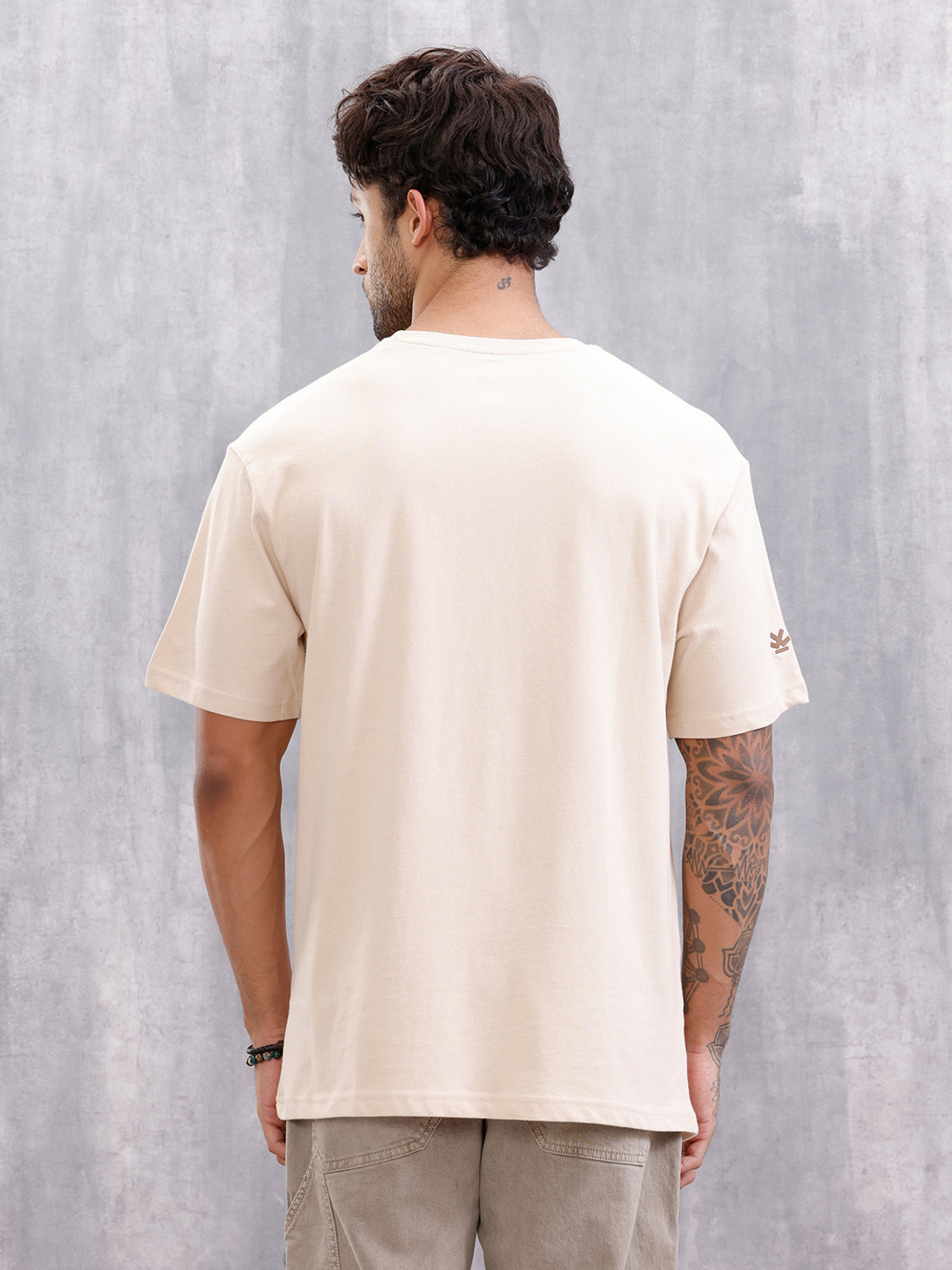 Image of WROGN Embroidered Men Crew Neck Beige T-Shirt