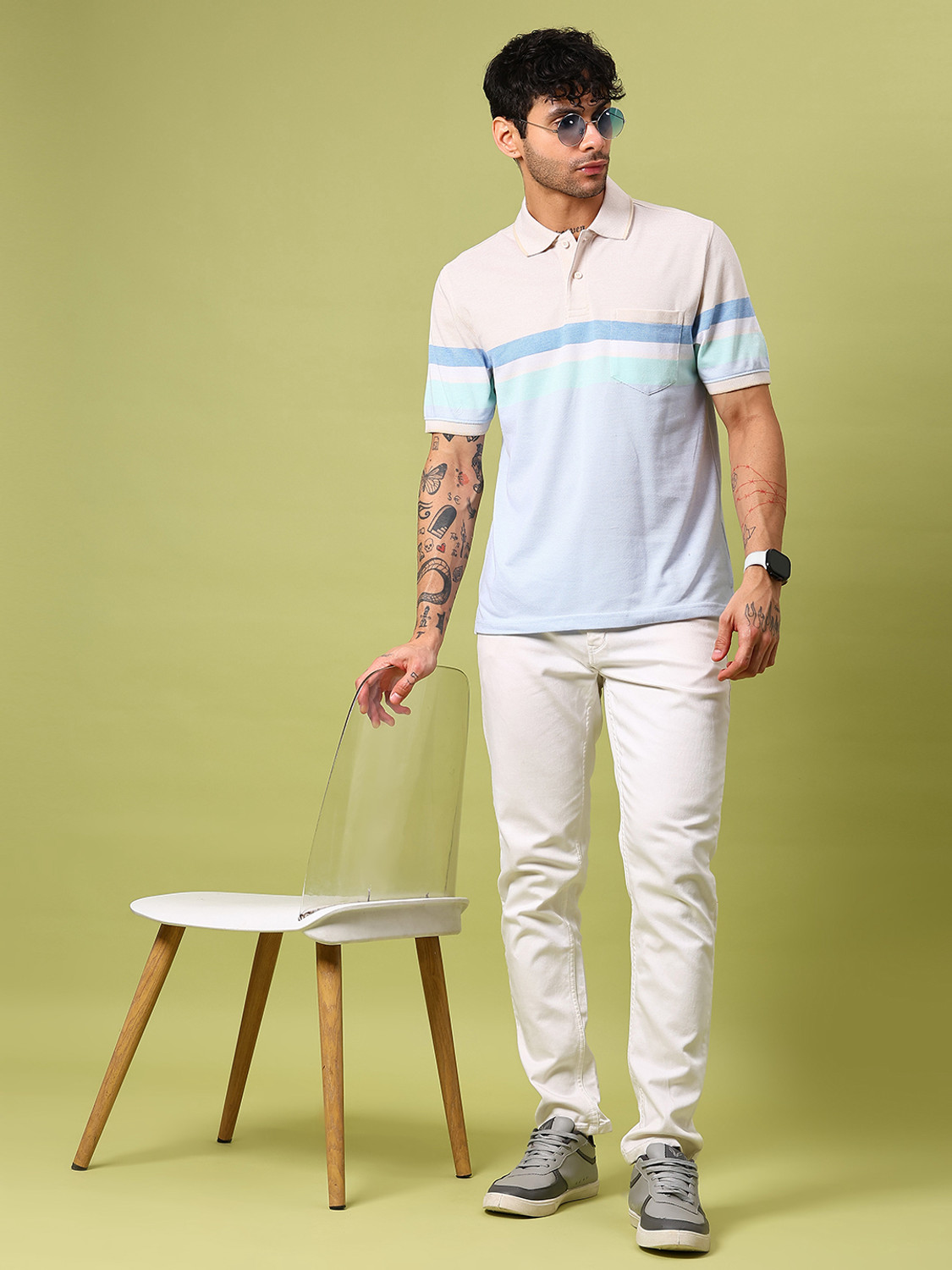 Image of V-MART Colorblock Men Polo Neck Light Blue T-Shirt