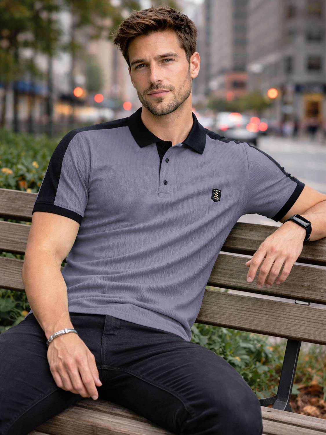 VeBNoR Men Grey Polo Neck T-Shirt - Image 1