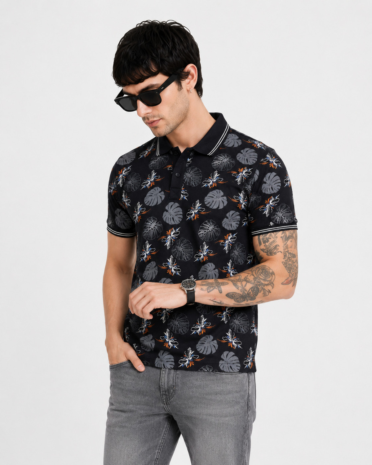 Image of Mr Rabby Printed Men Polo Neck Black T-Shirt