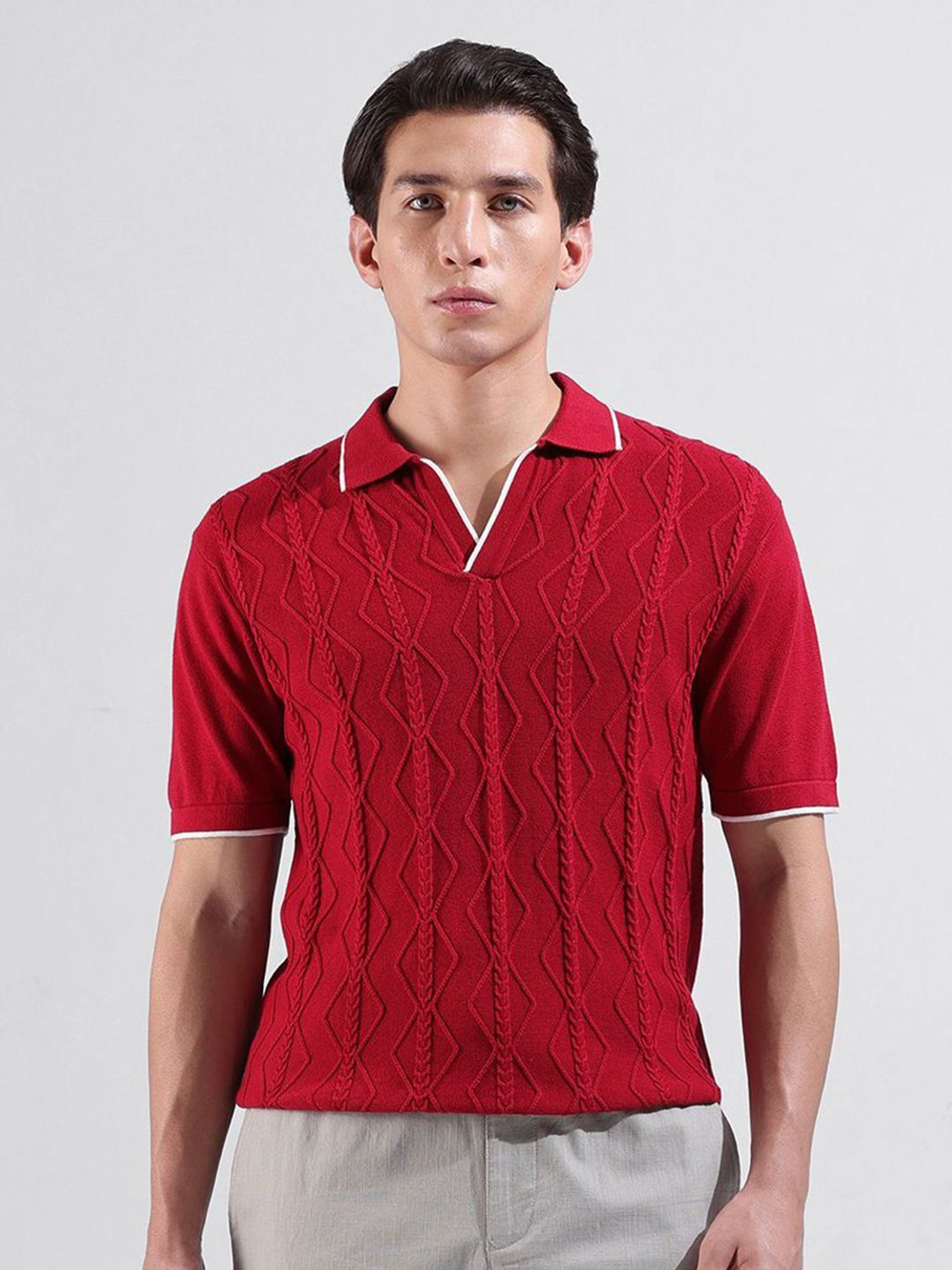 Image of The Indian Garage Co. Self Design Men Polo Neck Maroon T-Shirt