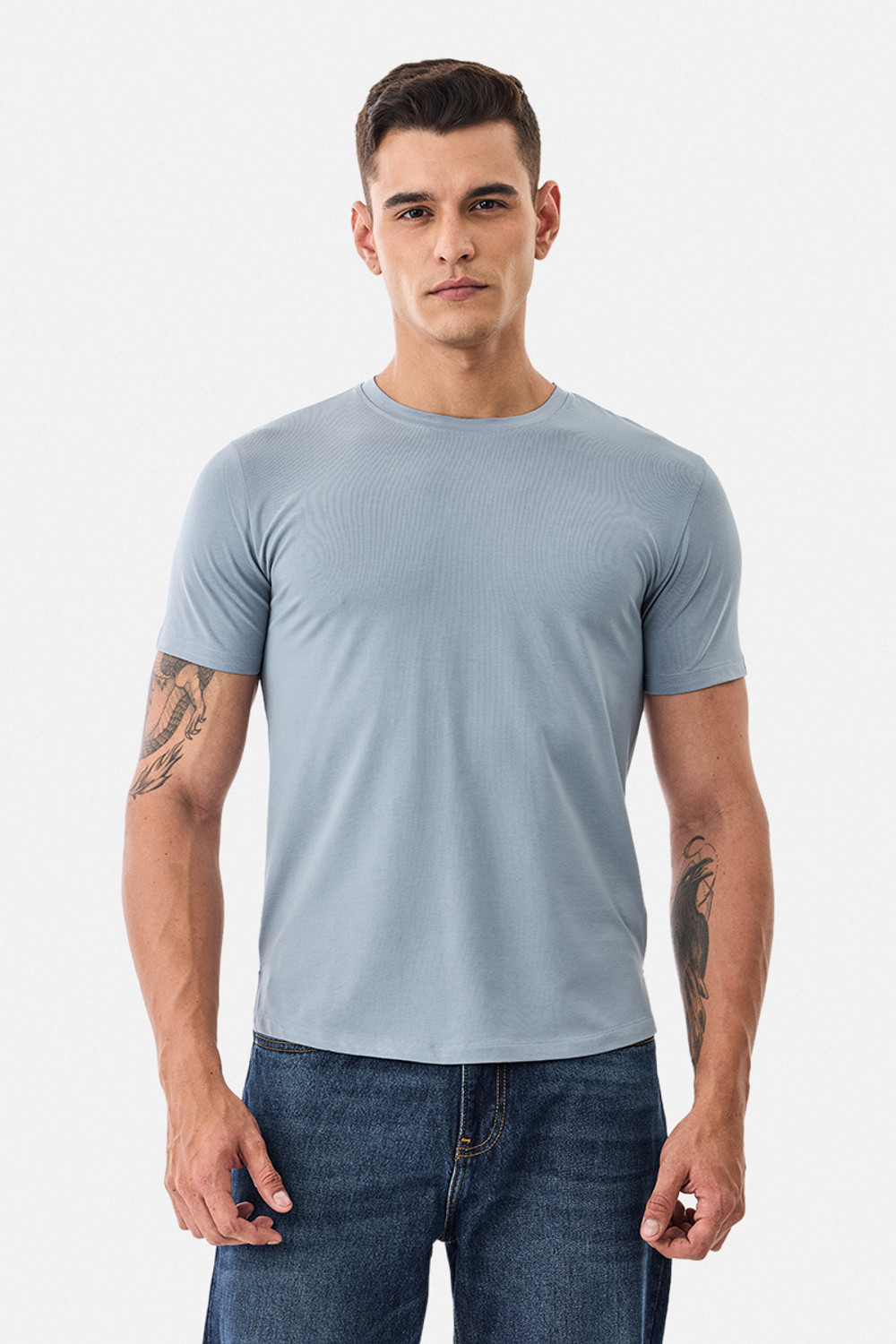Image of Snitch Solid Men Round Neck Light Blue T-Shirt