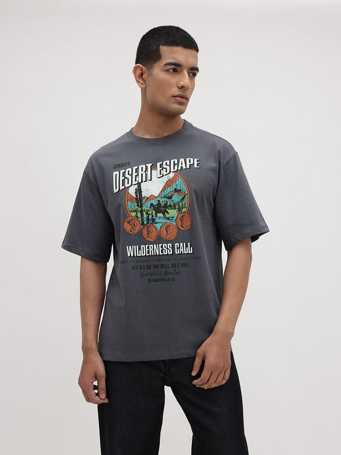 Image of Roadster Printed Men Round Neck Black T-Shirt