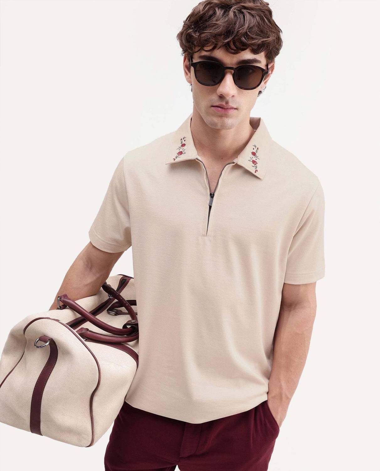 RARE RABBIT Embroidered Men Zip Neck Beige T-Shirt