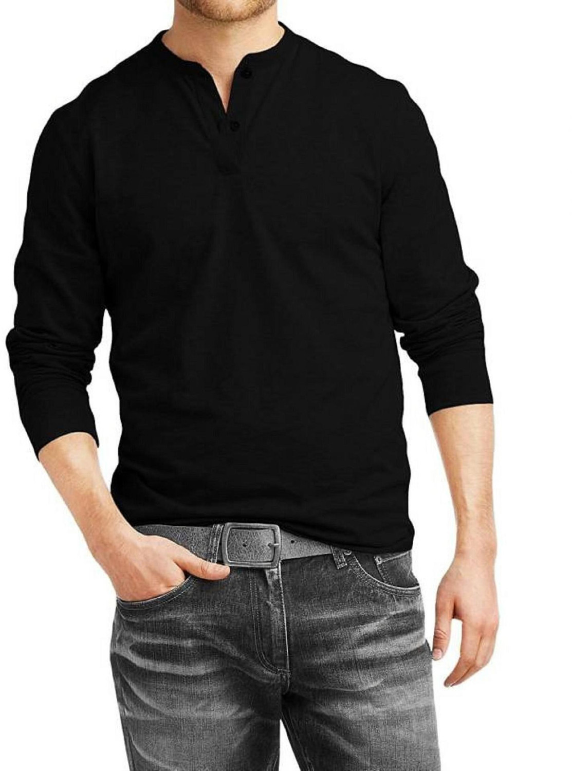 Image of Veirdo Solid Men Henley Neck Black T-Shirt