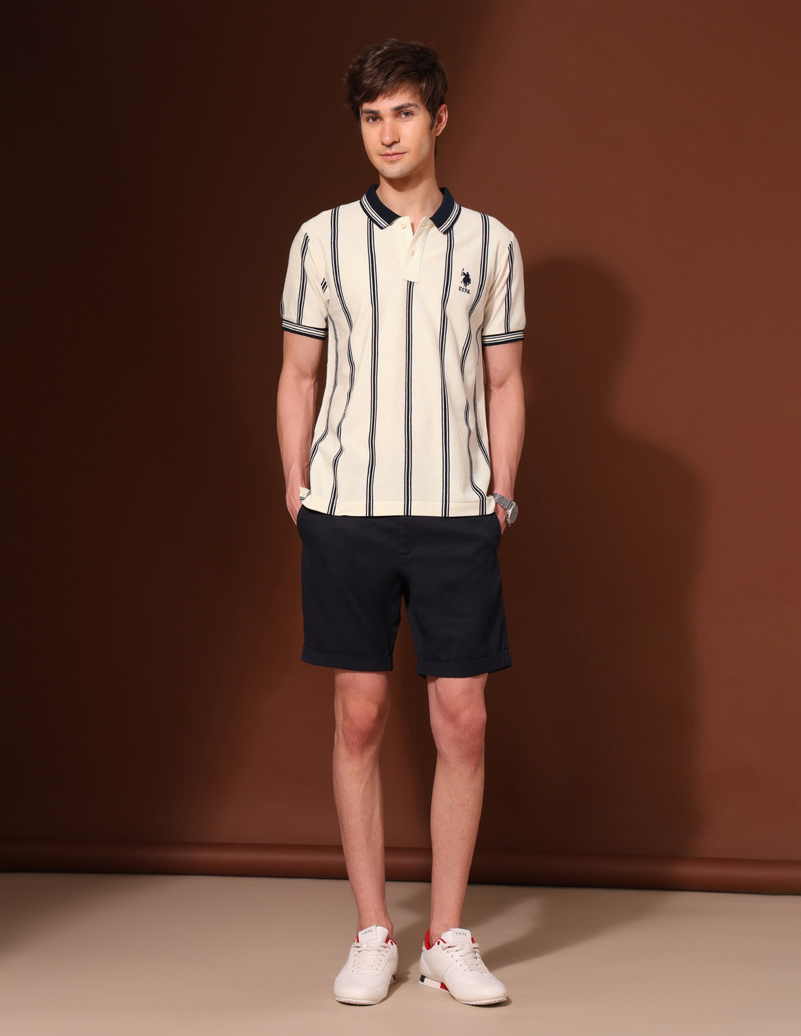 Image of U.S. POLO ASSN. Striped Men Polo Neck White T-Shirt