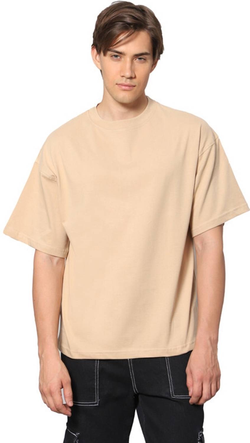 Besick Men Solid Round Neck Pure Cotton Beige T-Shirt