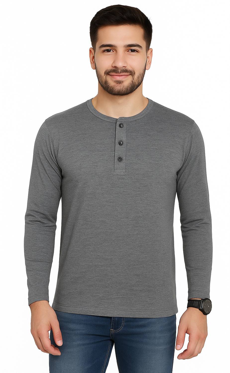 Money Leaf Solid Men Henley Neck Grey T-Shirt - Buy Money Leaf