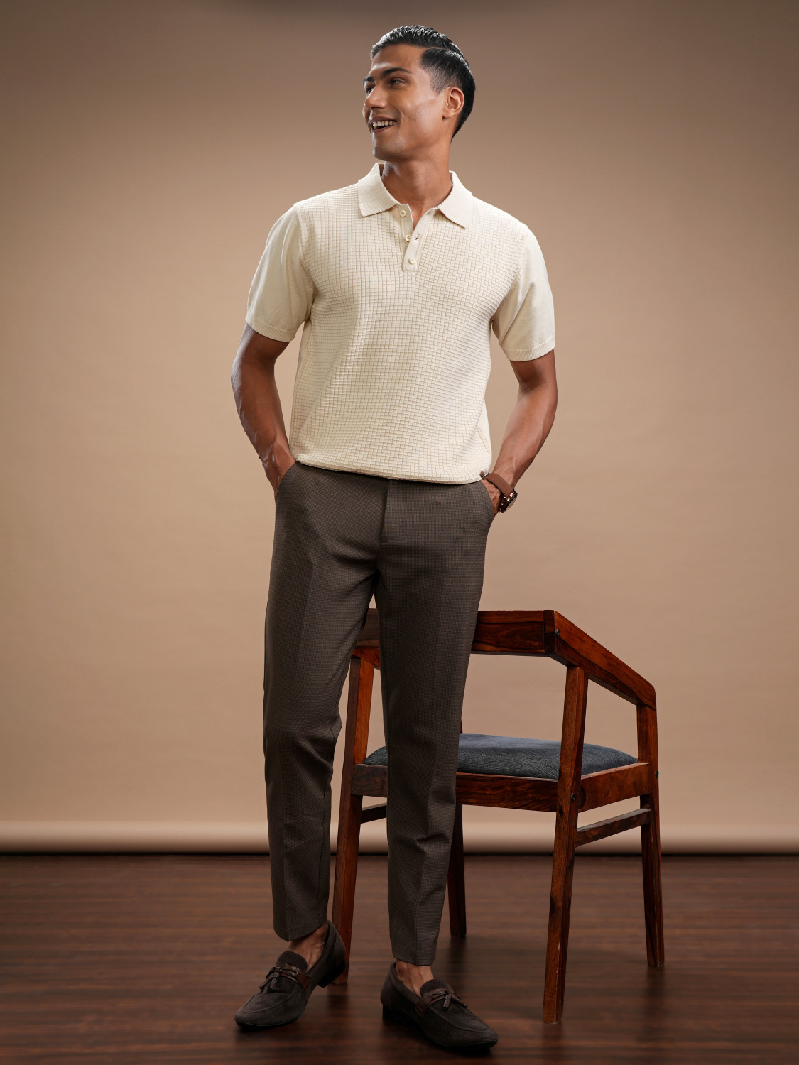 Image of HIGHLANDER Self Design Men Polo Neck Beige T-Shirt