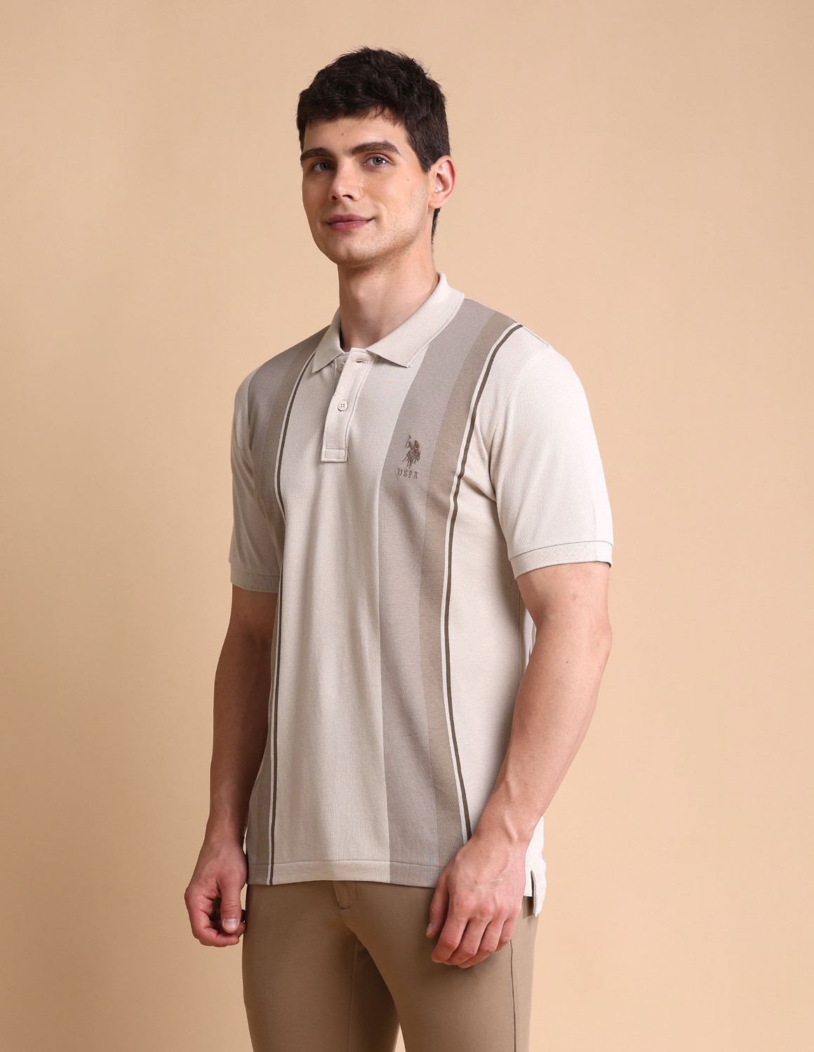 Image of U.S. POLO ASSN. Men Colorblock Polo Neck Pure Cotton Beige T-Shirt