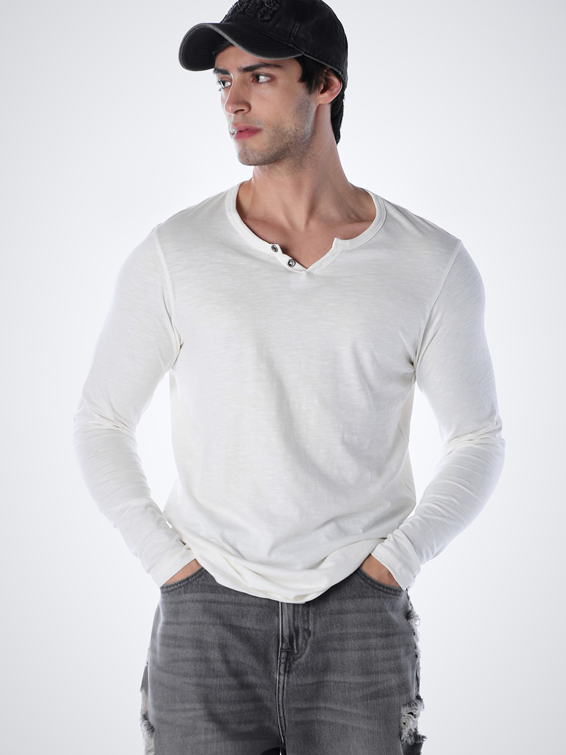 Image of JACK & JONES Solid Men Henley Neck White T-Shirt