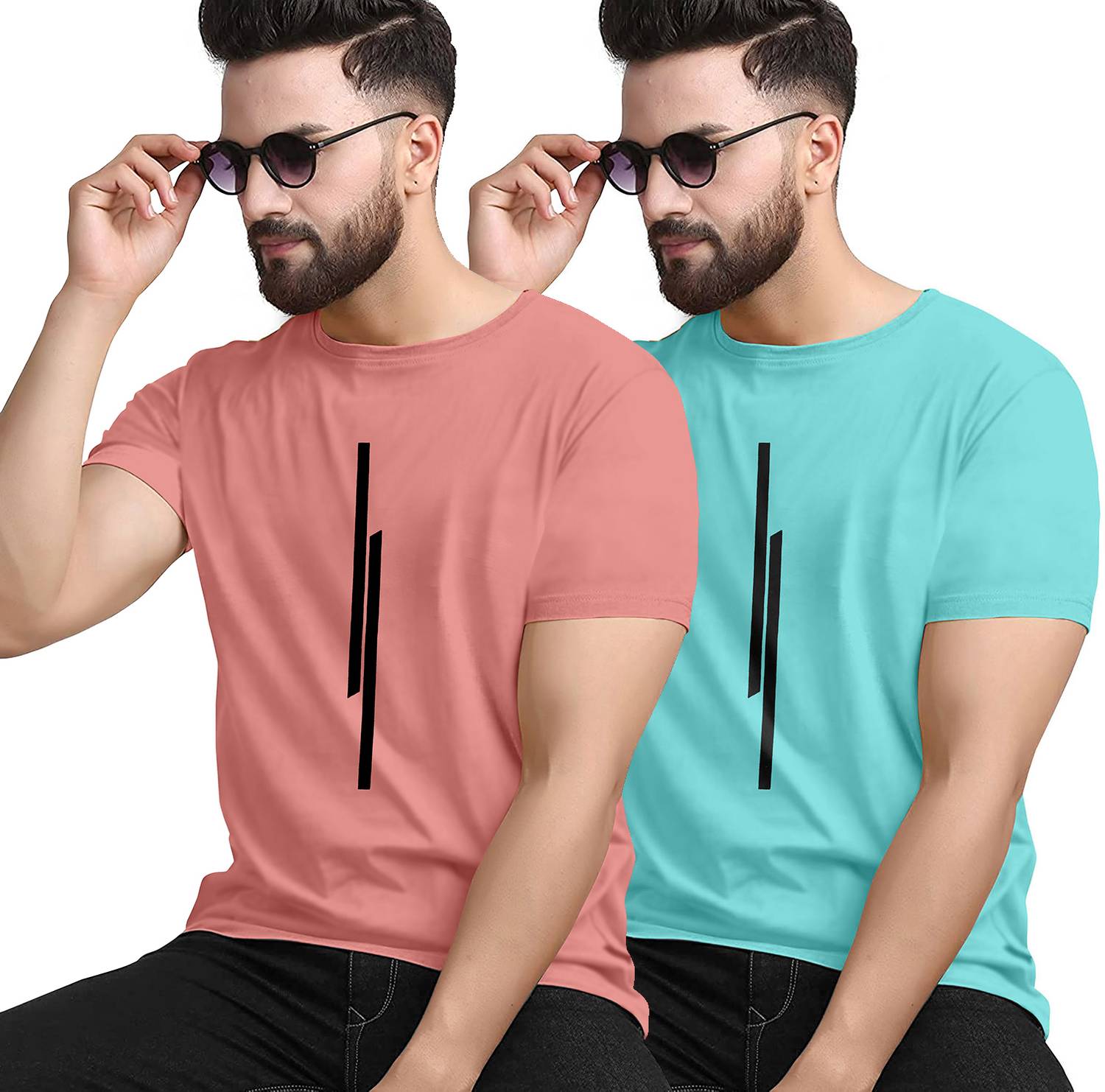 KAJARU Pack of 2 Men Striped Round Neck Polyester Pink, Blue T-Sh