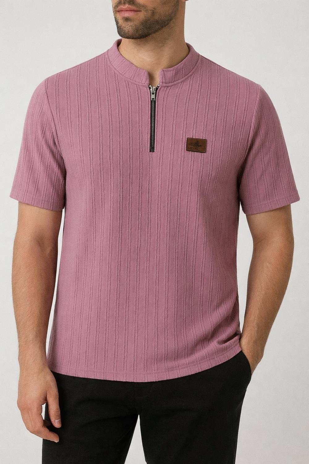 PRAIZY Men Pink Zip Neck T-Shirt - Image 3