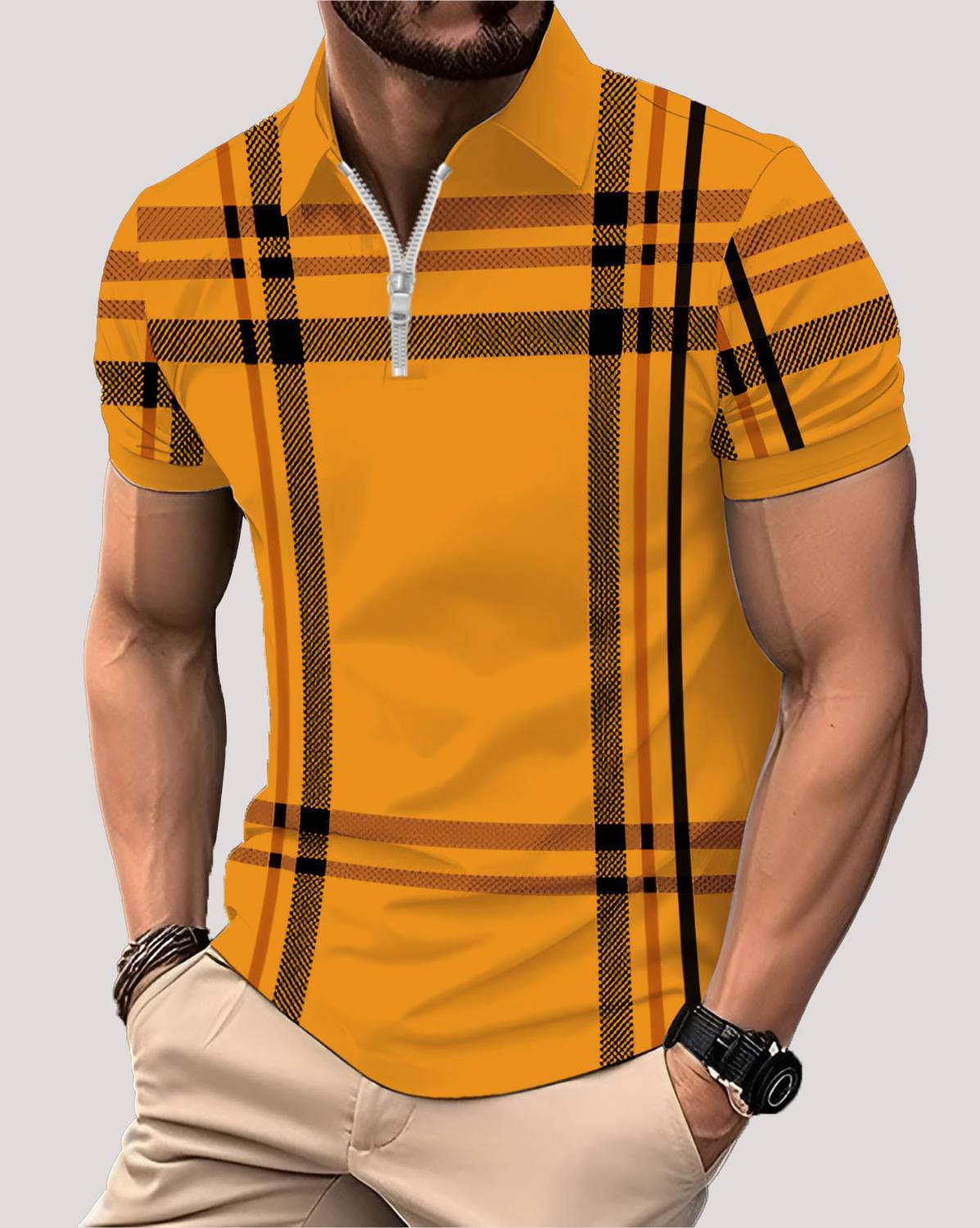 AUSK Checkered Men Polo Neck Yellow T-Shirt