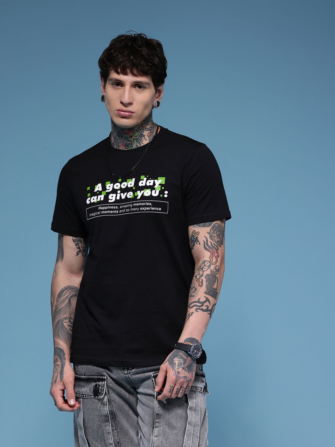 Image of HERE&NOW Printed Men Round Neck Black T-Shirt