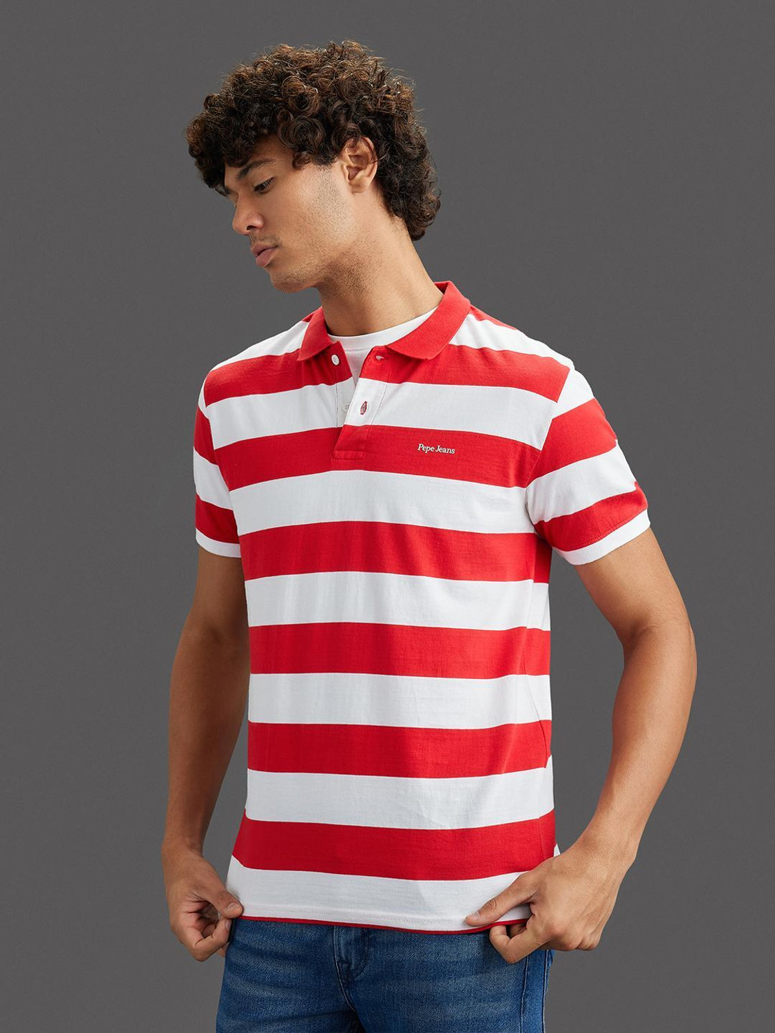 Image of Pepe Jeans Striped Men Polo Neck White, Red T-Shirt