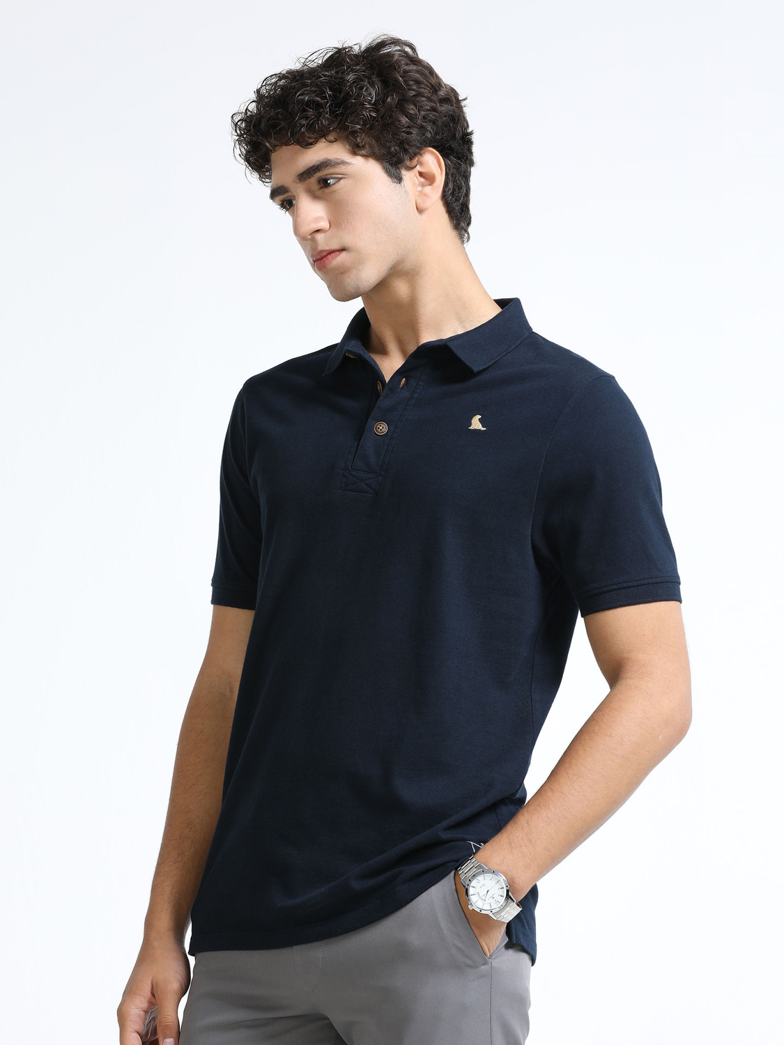 Image of estuna Solid Men Polo Neck Navy Blue T-Shirt
