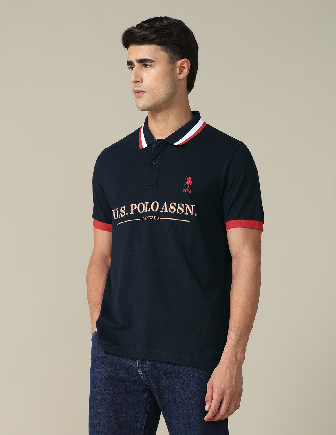 Image of U.S. POLO ASSN. Graphic Print Men Polo Neck Blue T-Shirt