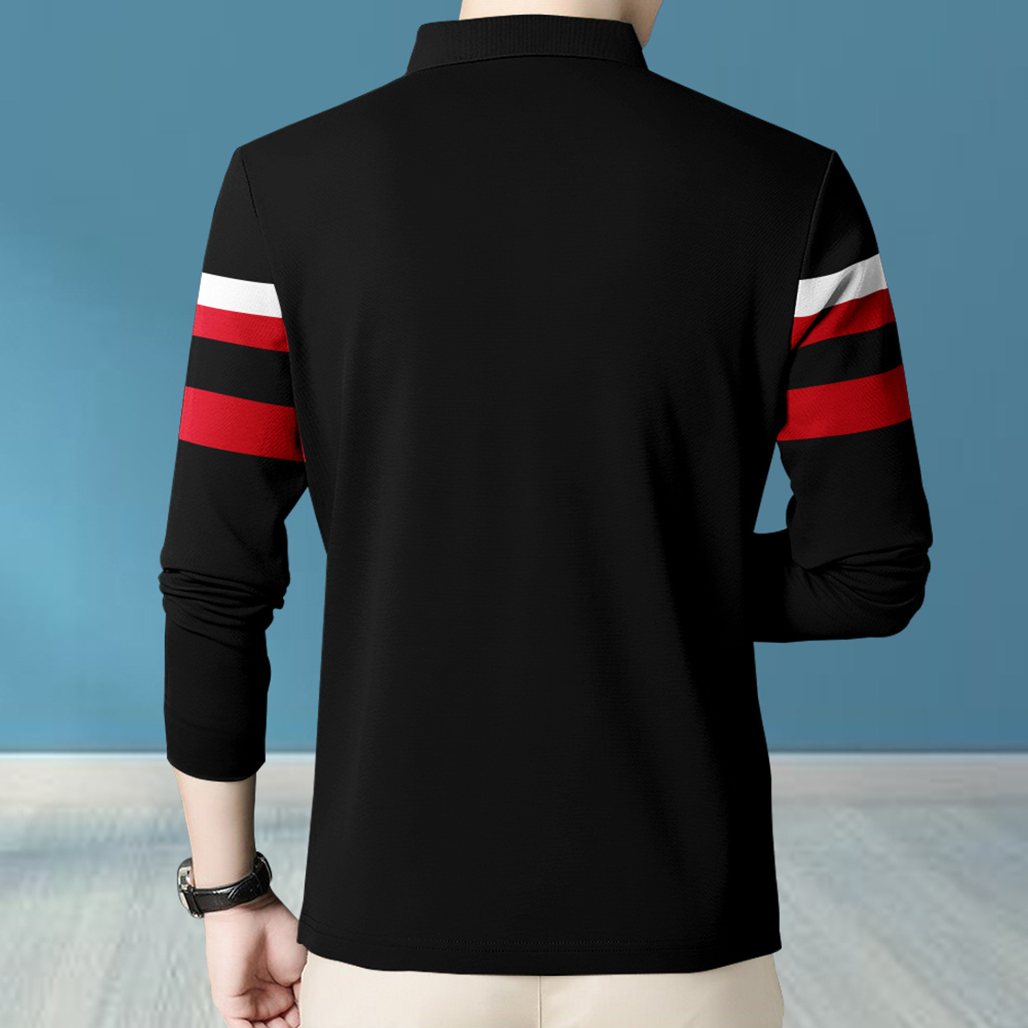 Image of GARBLY Striped Men Polo Neck Black T-Shirt