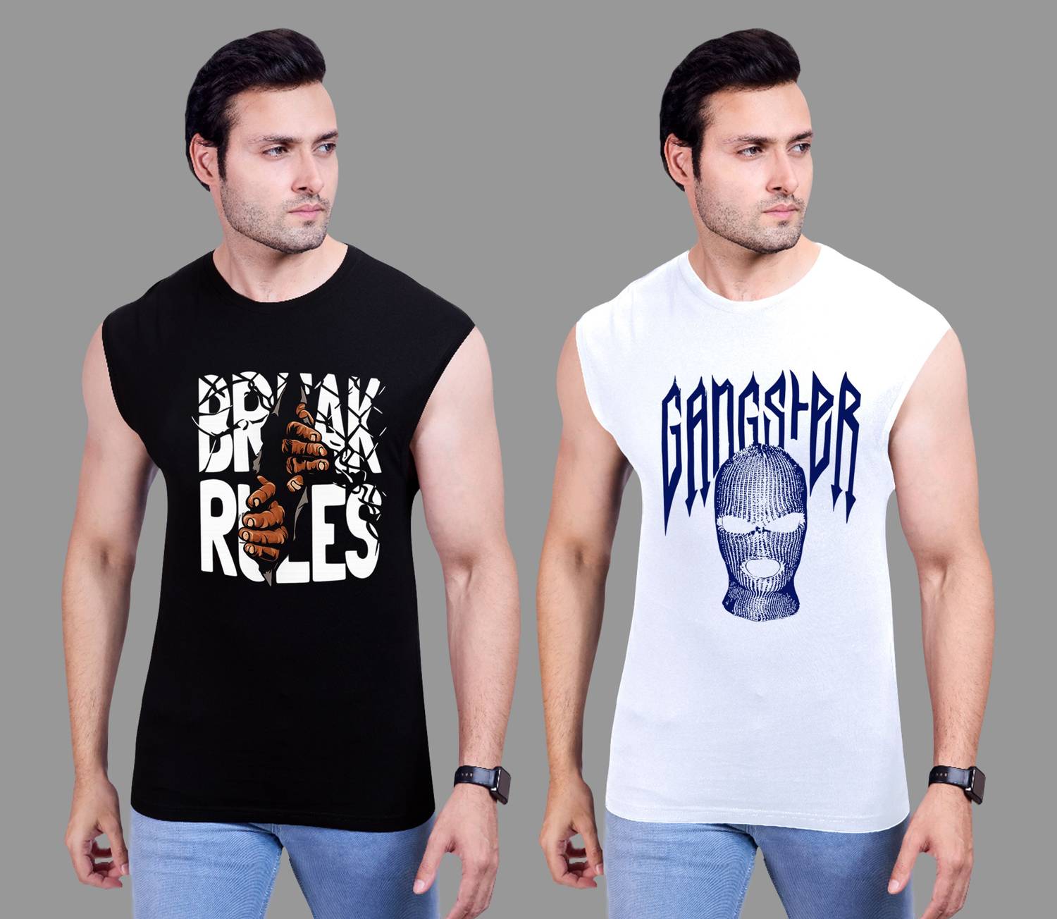 I&D Pack of 2 Men Graphic Print Round Neck Pure Cotton Multicolor