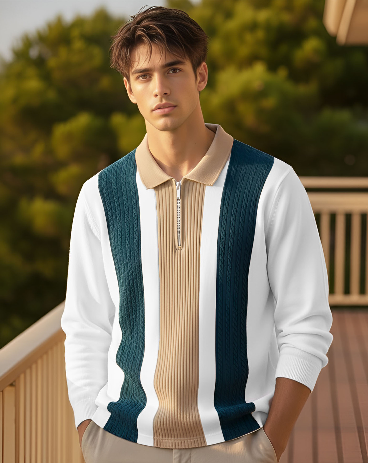 Image of AUSK Colorblock Men Zip Neck White, Dark Blue T-Shirt