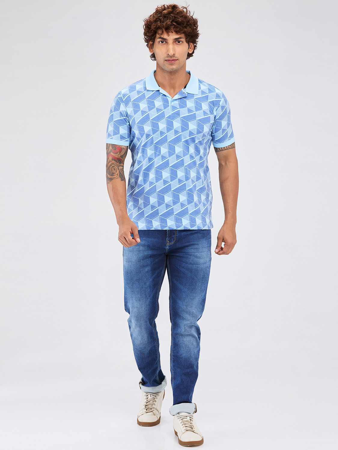 Image of PARK AVENUE Printed Men Polo Neck Blue T-Shirt