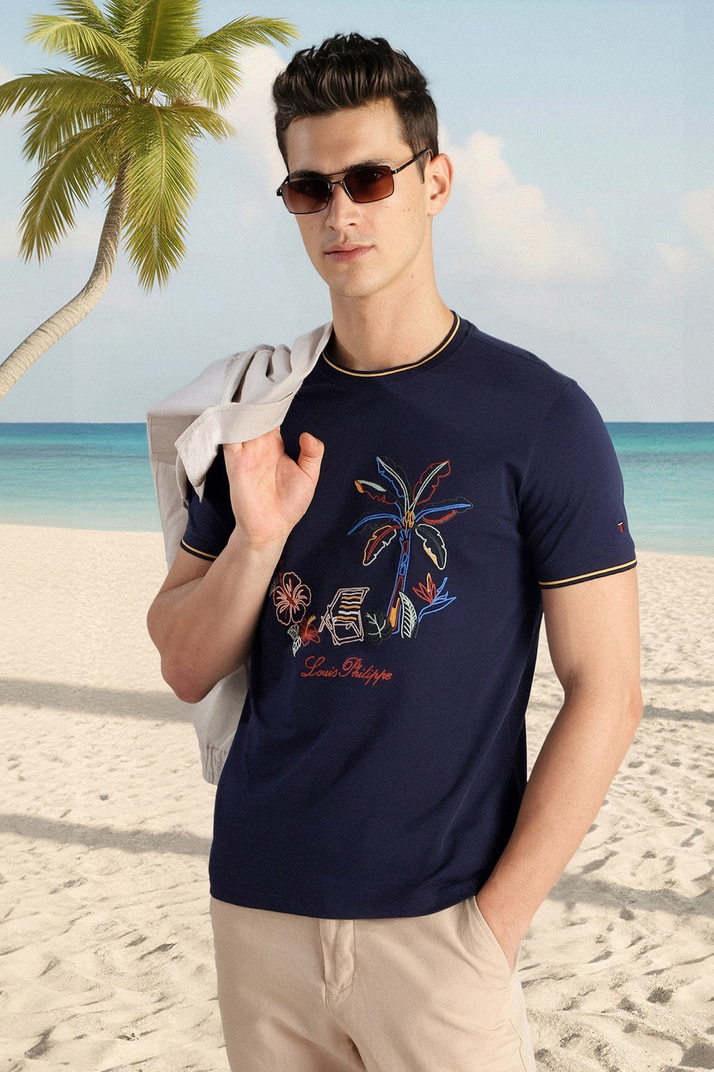 Image of LOUIS PHILIPPE Embroidered Men Crew Neck Dark Blue T-Shirt