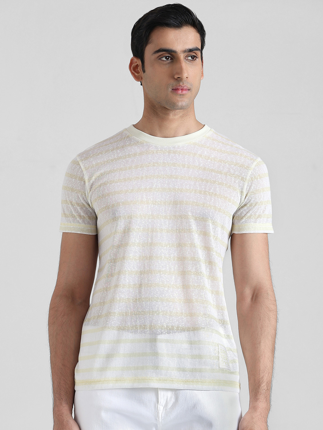 Image of MUFTI Striped Men Round Neck Yellow T-Shirt