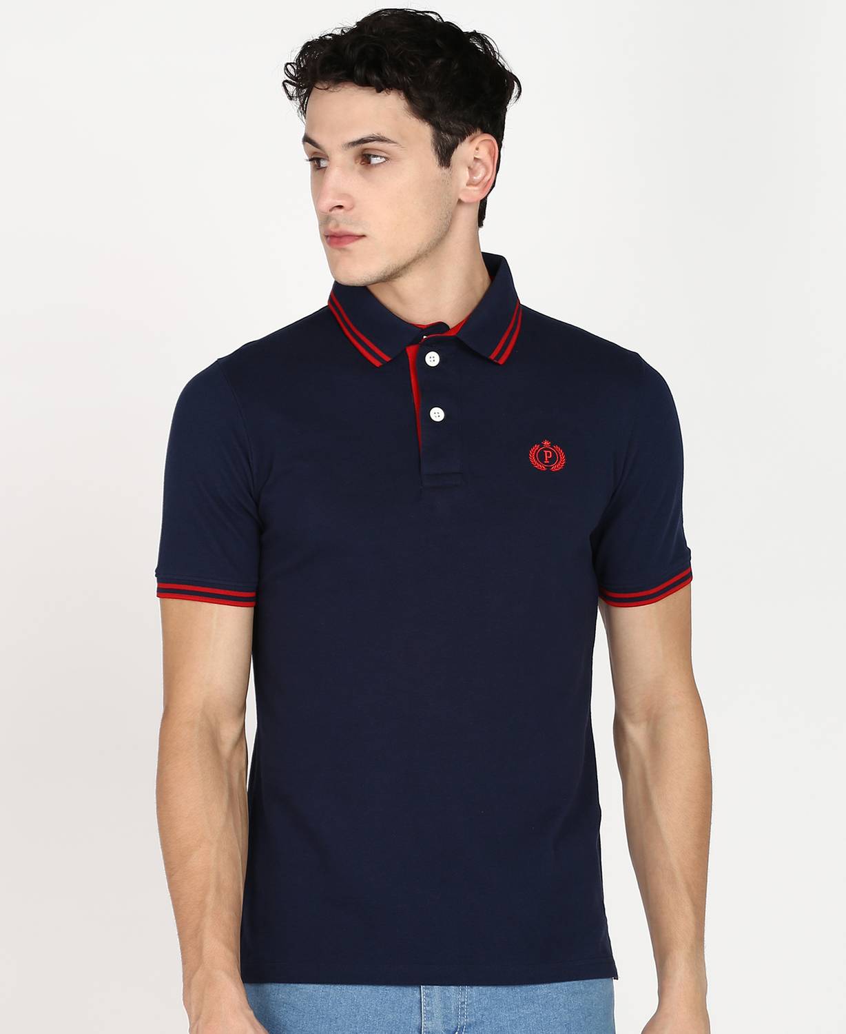 PROVOGUE Men Solid Polo Neck Cotton Blend Navy Blue T-Shirt