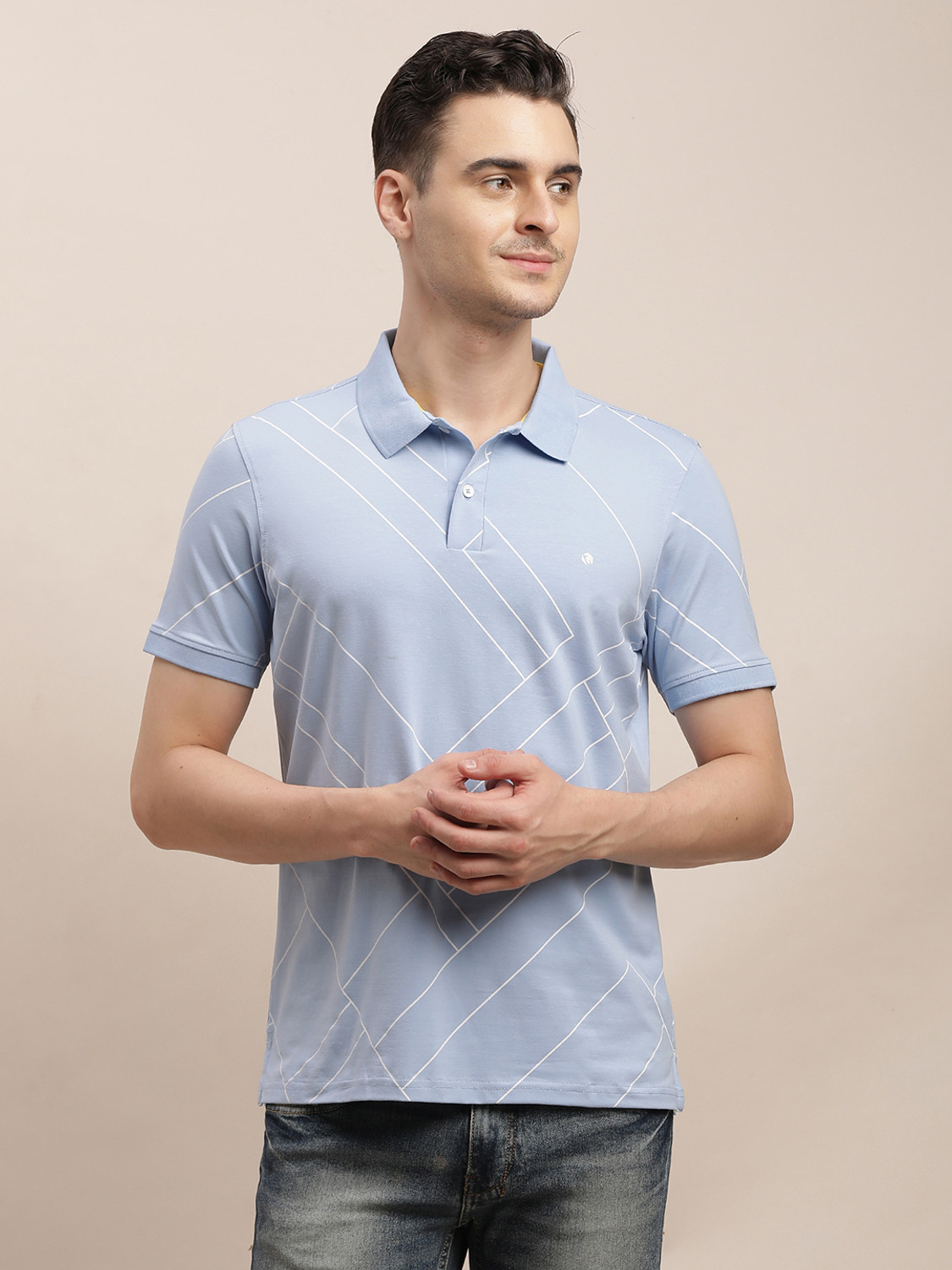 Image of TURTLE Graphic Print Men Polo Neck Light Blue T-Shirt