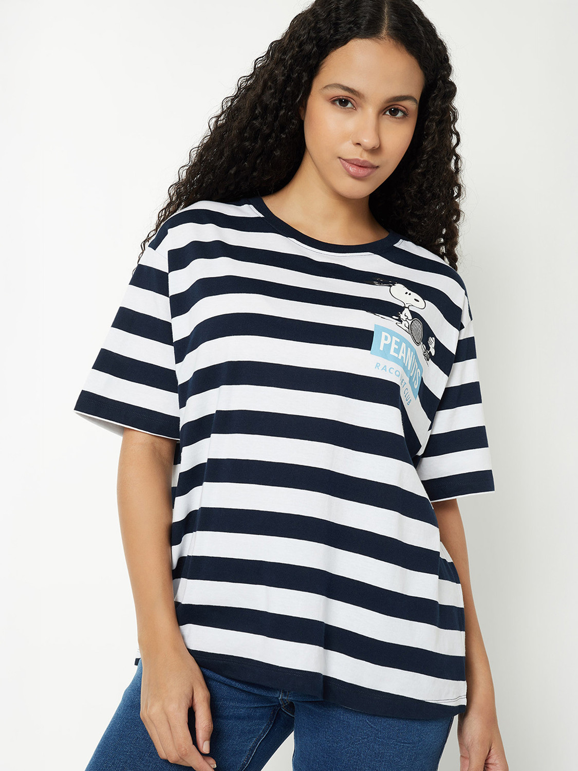 Image of MAX Printed Women Round Neck Blue T-Shirt