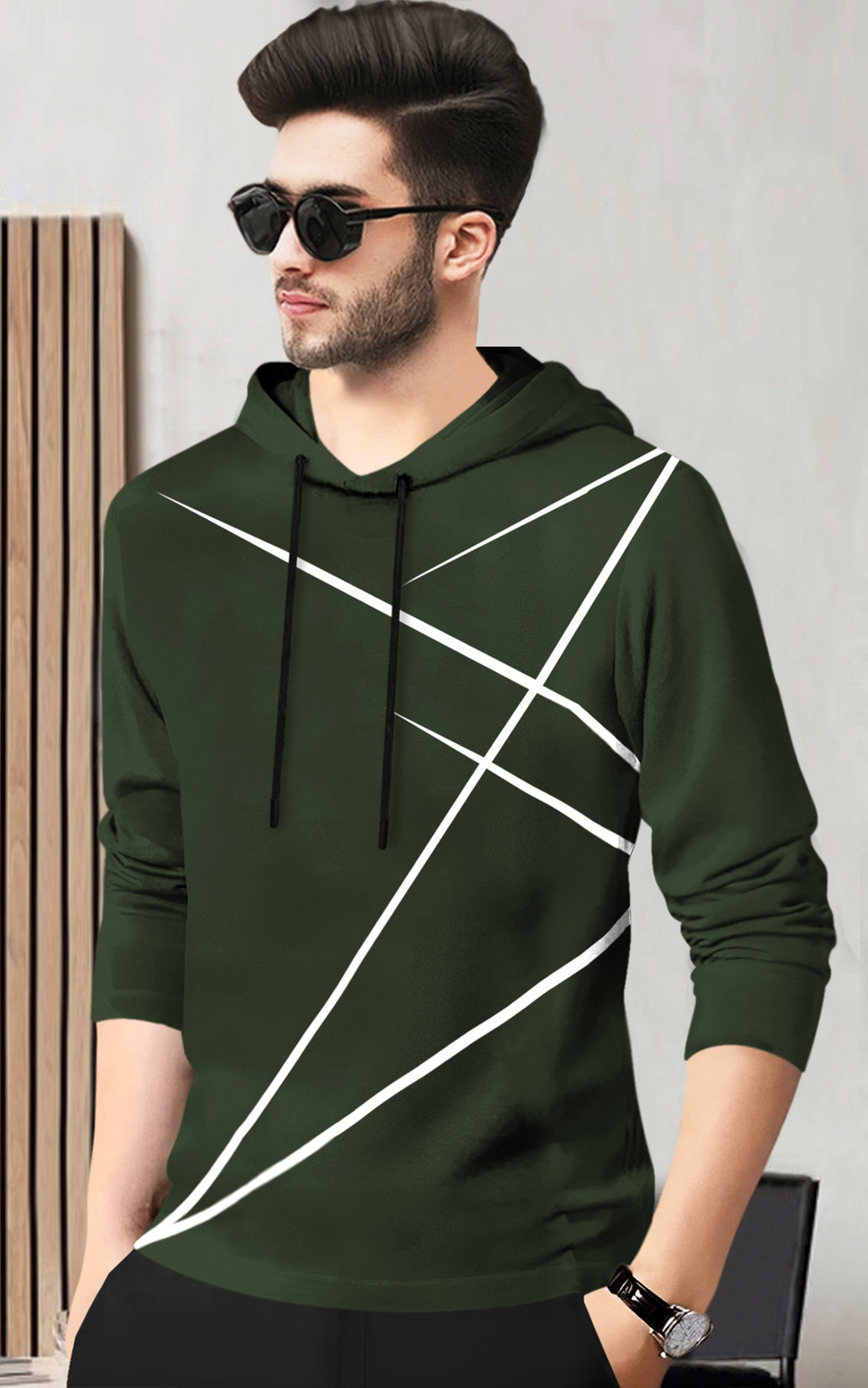 Image of BLIVE Printed Men Hooded Neck Dark Green T-Shirt