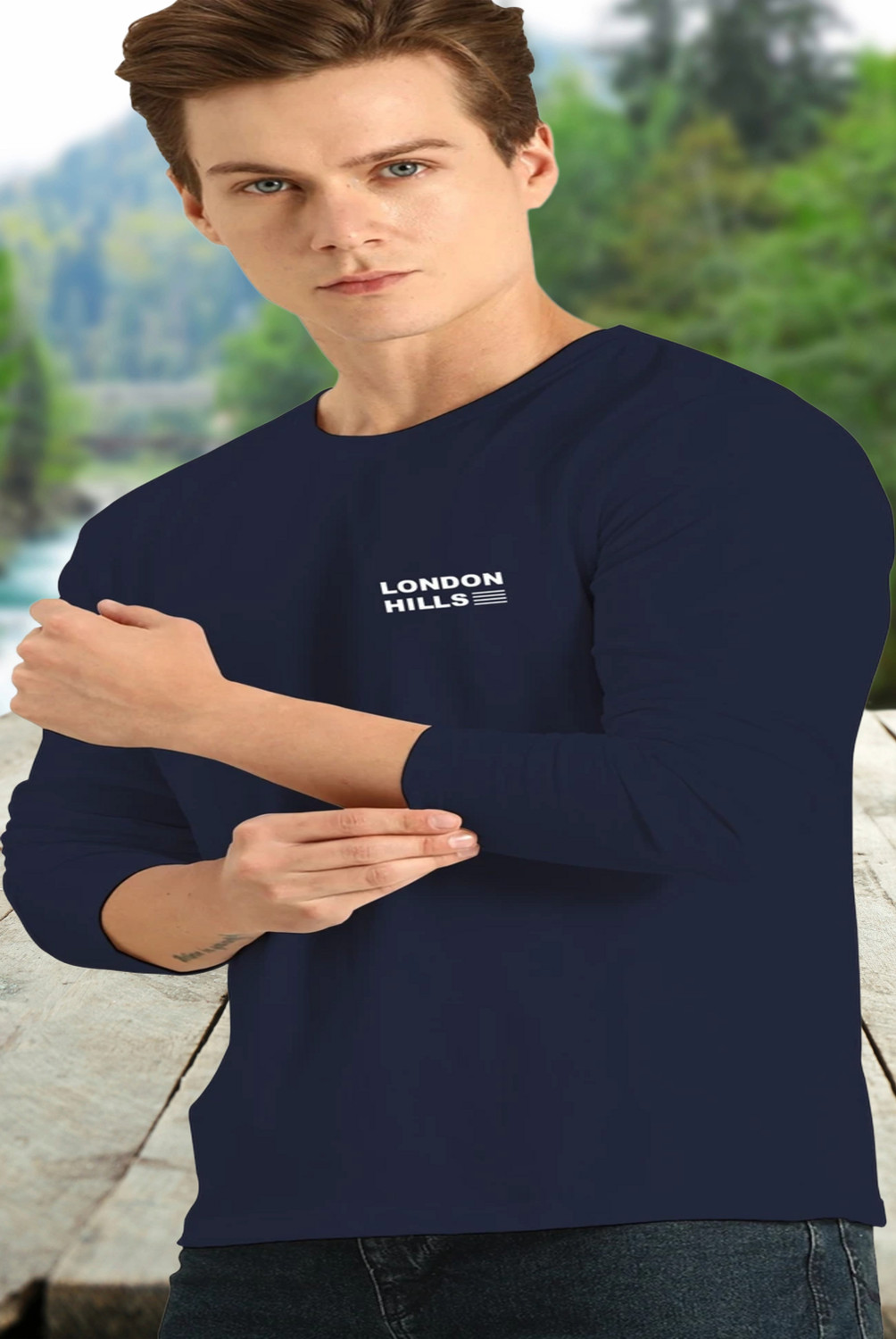 Image of London Hills Printed Men Round Neck Navy Blue T-Shirt